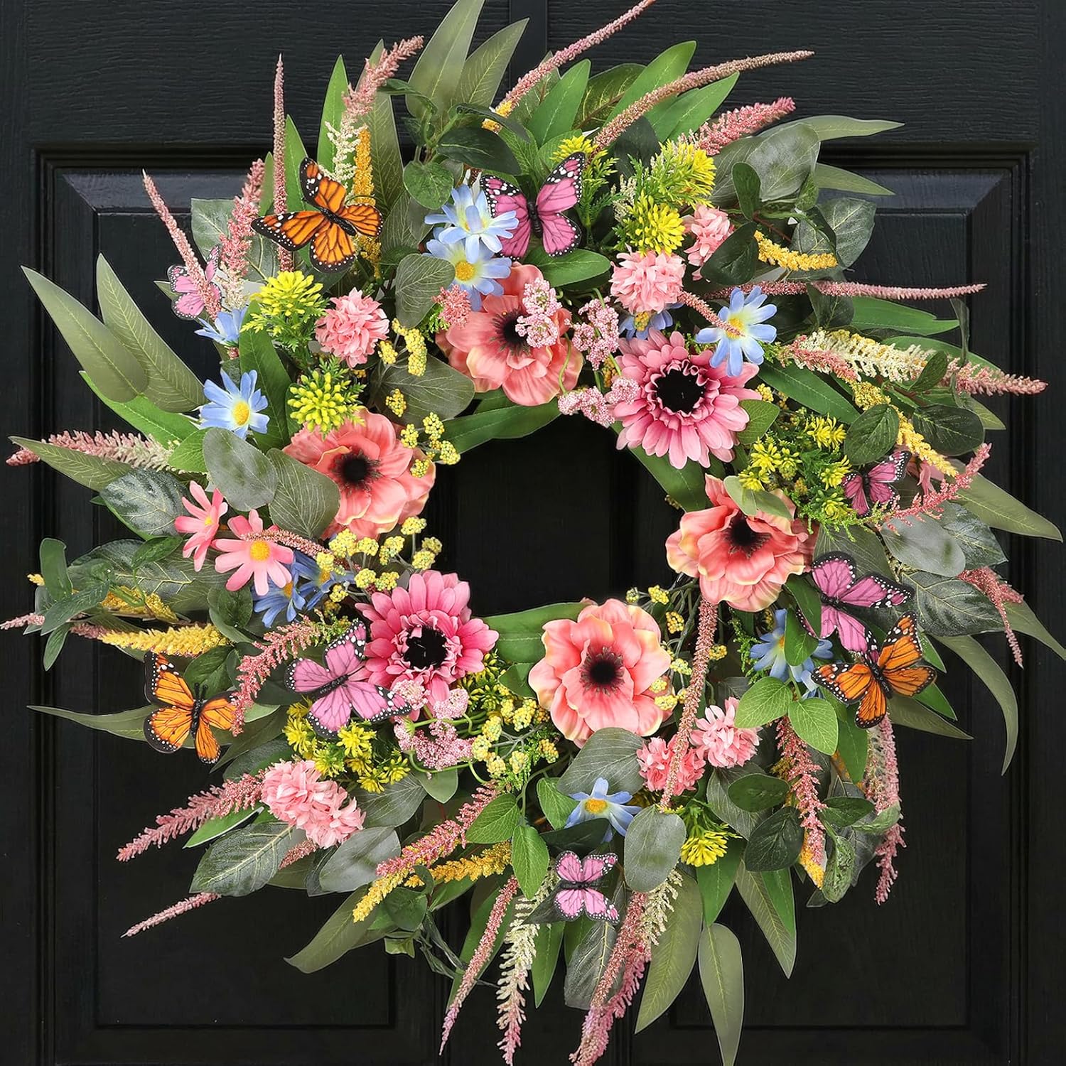 24 Inch Spring Wreath for Front Door Handcrafted Wreath Adorned with Eucalyptus Leaves Pink Blooms Butterfly, Year Round Wall Window Porch Home Farmhouse St Patricks Day Indoor Outdoor Decor