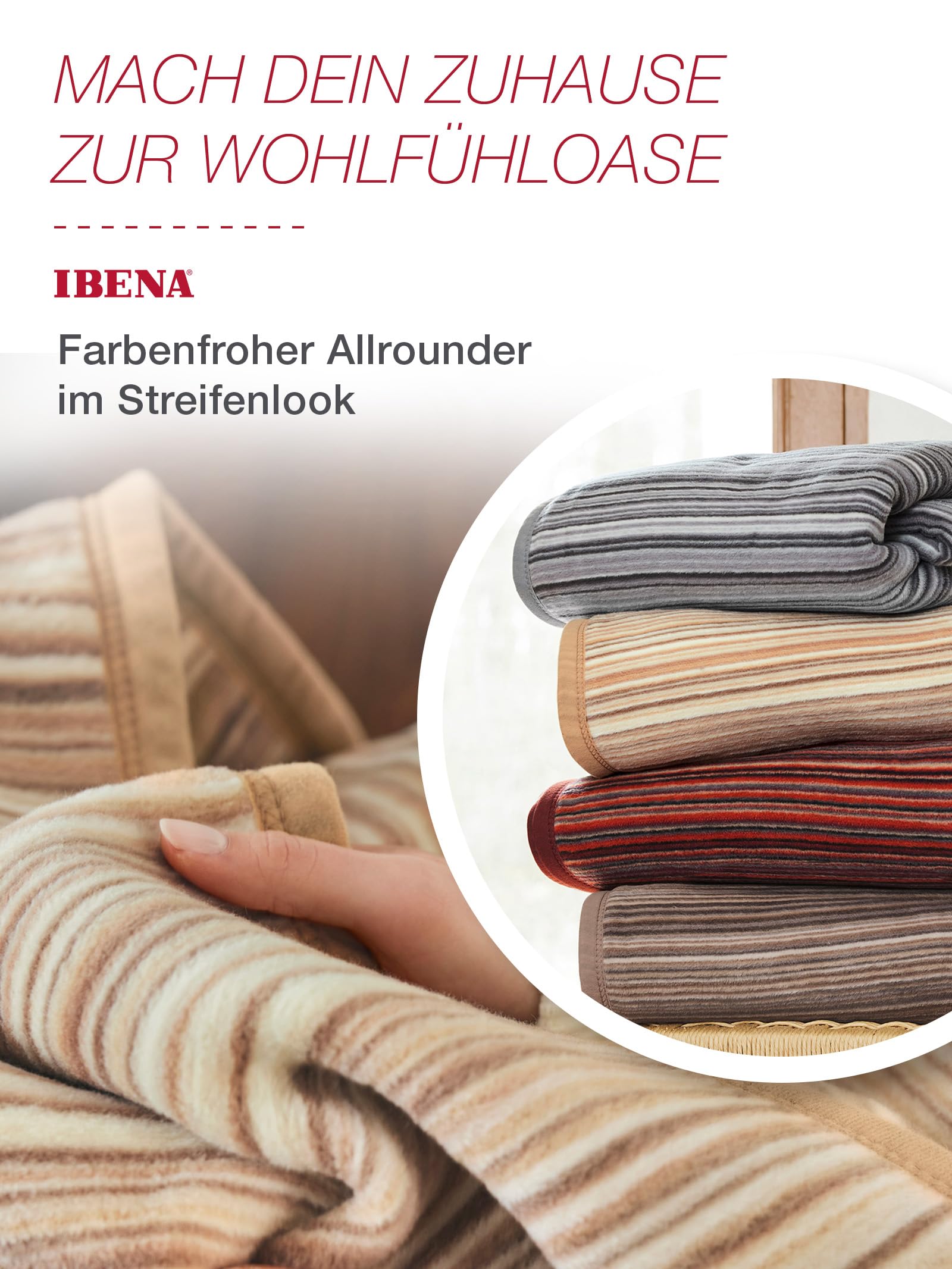 Ibena Malang Wolldecke 150x200 cm - Baumwollmix weich, warm & waschbar, Kuscheldecke Streifen bunt