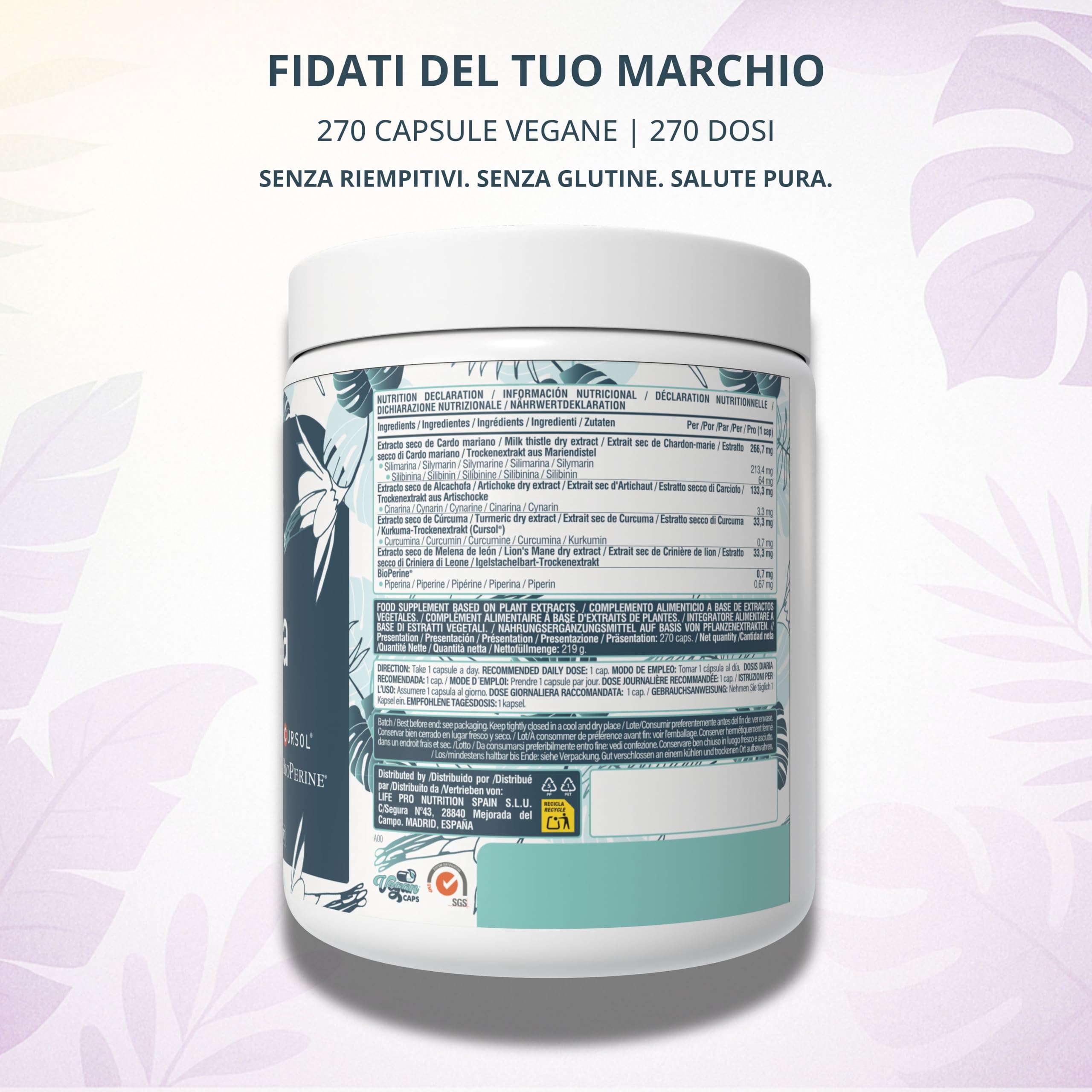 Cardo Mariano Integratore – 213 mg Silimarina Attiva (80% Standardizzata, Equivalente a 14.000 mg) – 270 Capsule Vegane – Con Carciofo, Curcuma Cursol®, Melena di Leone & BioPerine