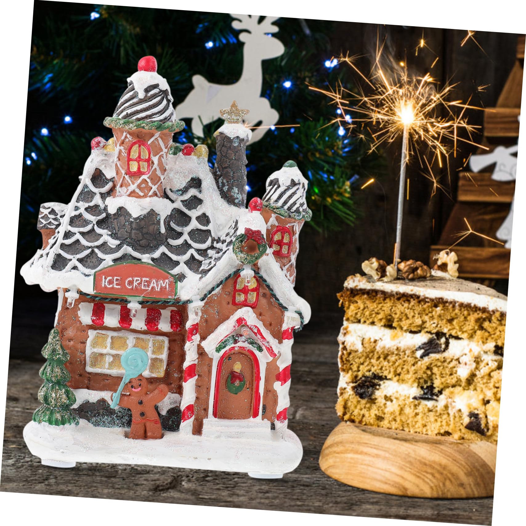 Adorno Navideño Casa Luminosa de Resina Luz LED para Escritorio y Oficina Adorno Navideño Acabado Diseño Detallado