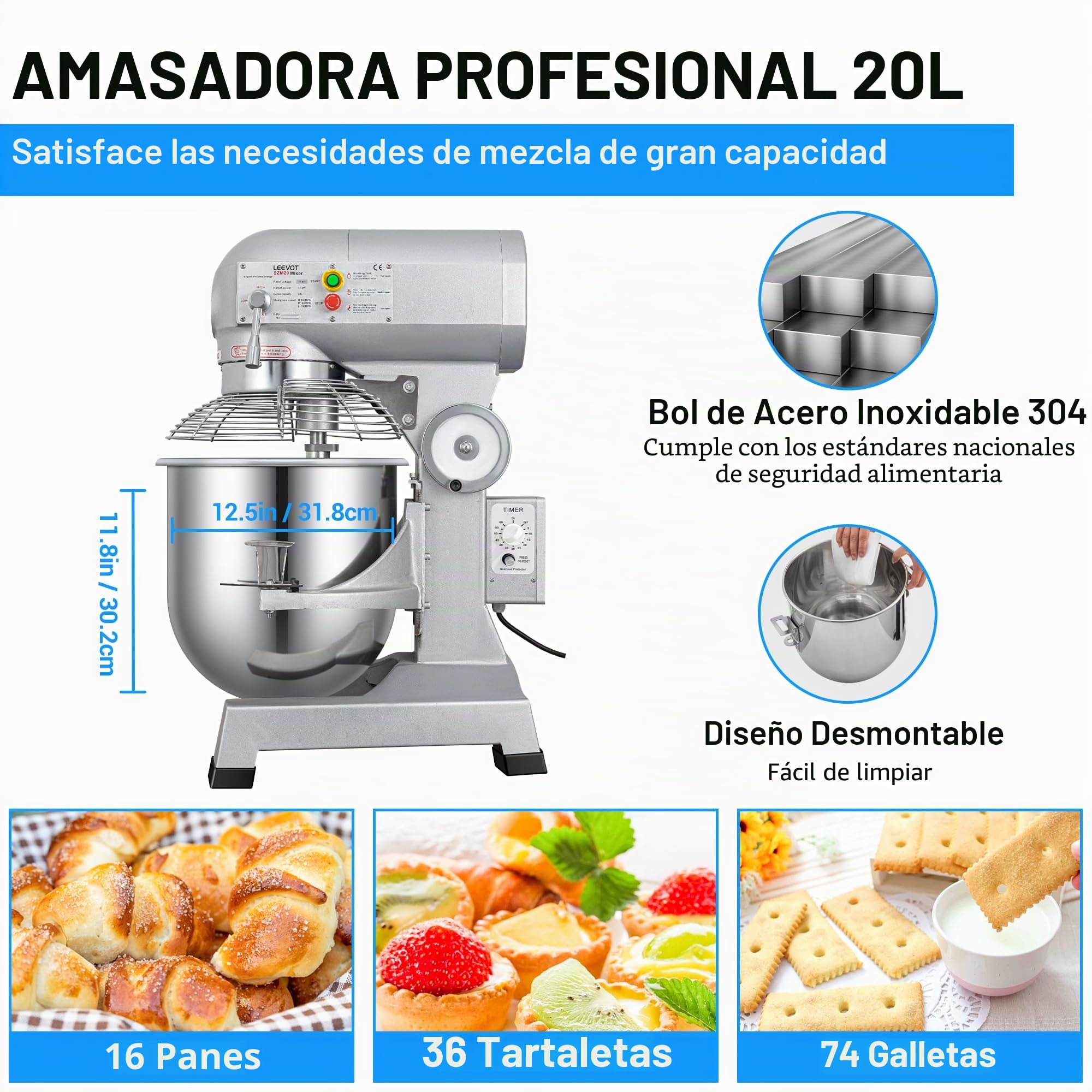 LEEVOT Amasadora planetaria comercial (1, Versión de temporizador 20L)