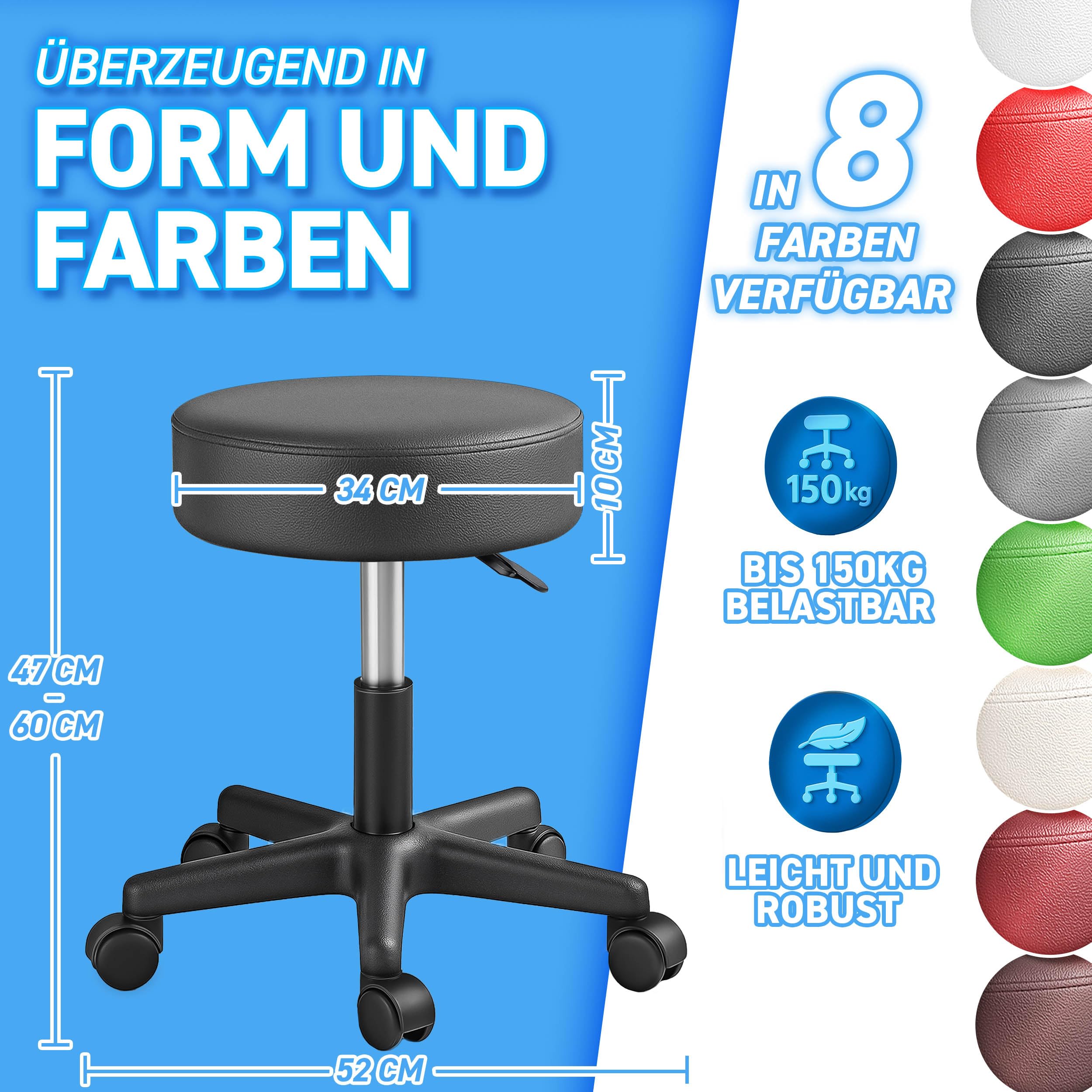 TRESKO Rollhocker höhenverstellbar Schwarz bis 150 kg | Hocker Drehhocker 10 cm Dicke Polsterung 47-60 cm Sitzhöhe | Arbeitshocker Bürohocker 360° drehbar mit Rollen