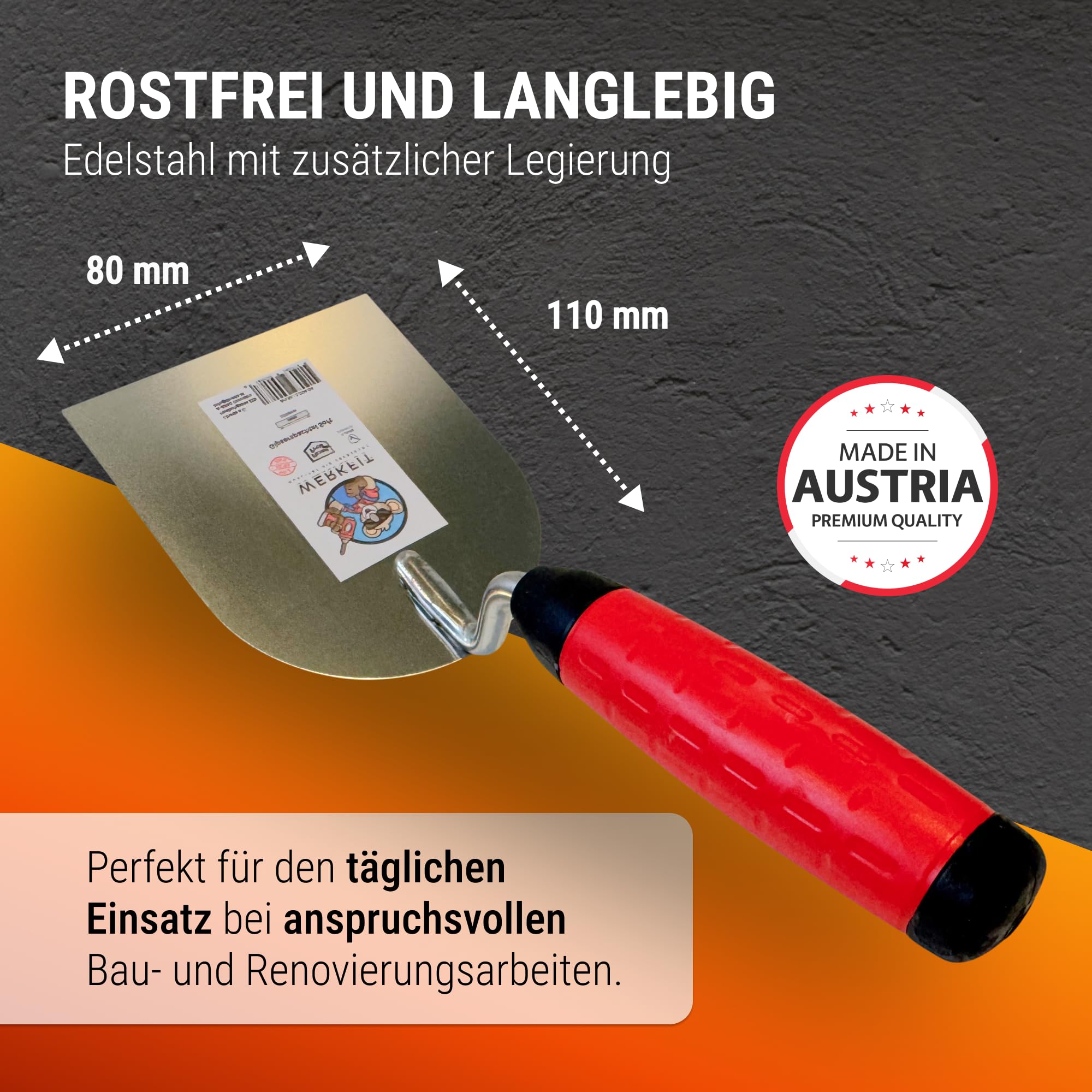 WERKFIT Juego de celdas de yeso profesional - Gipserspachel inoxidable - Albañil con mango suave - Stucwerkerskelle Producido en Austria (60+80+100)