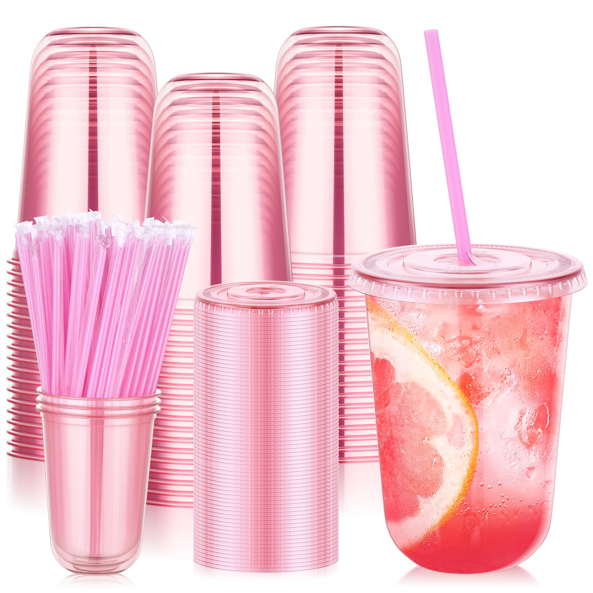 KesaPlan 50 Pack 16 oz Pink Plastic Party Cups with Lids and Straws