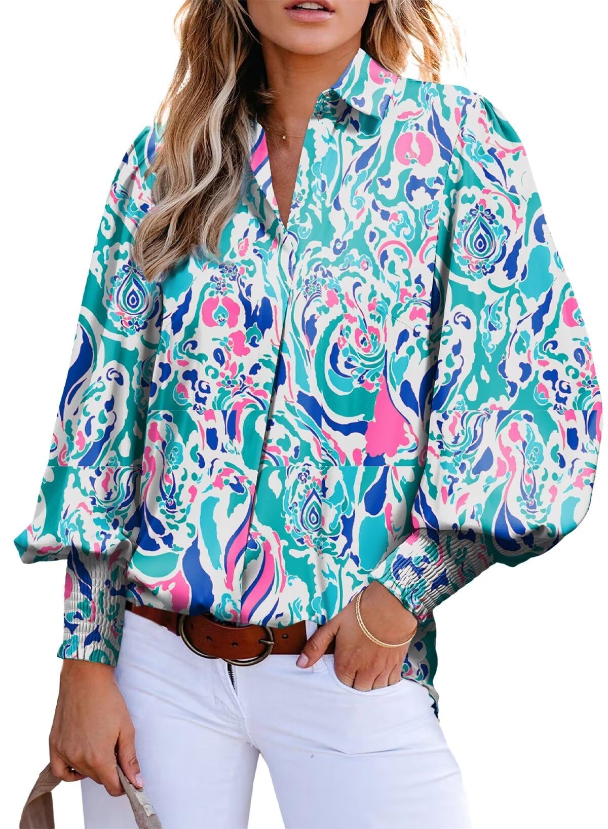 Astylish Womens Loose V Neck Oversized Shirts Paisley Print Lantern Sleeve Blouse Dressy Casual Boho Flowy Bottom Down Tops