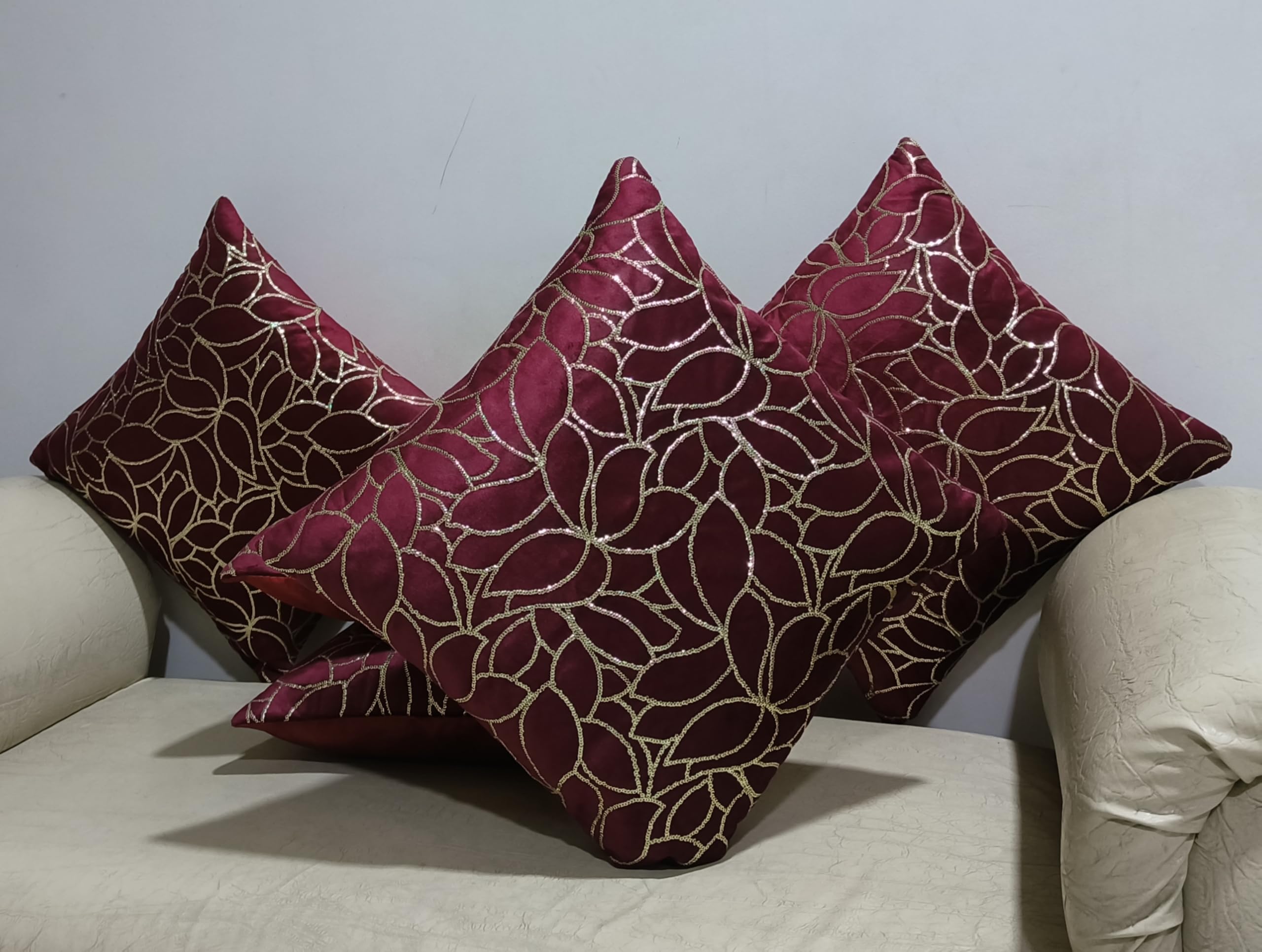 COLLECTION POINTCOLLECTION POINT Maroon Shimmer Cushion Cover Set of 5, Velvet, 16 Inch x 16 Inch