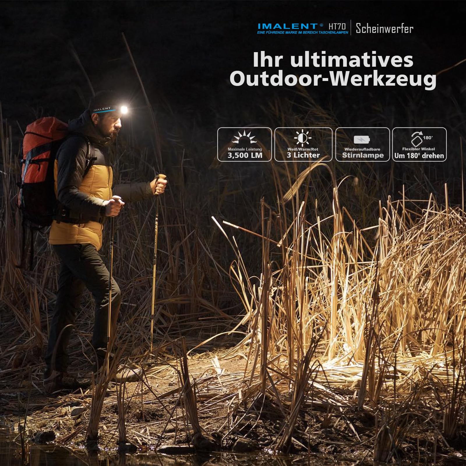 IMALENT HT70 LED Stirnlampe mit 3500 Lumen, 349 Meter Leuchtweite, USB-C Stirnlampe Led Wiederaufladbar 3 Lichtquellen mit Rotlicht 180° Verstellbar fürs Laufen, Angeln, Campen, Notfälle