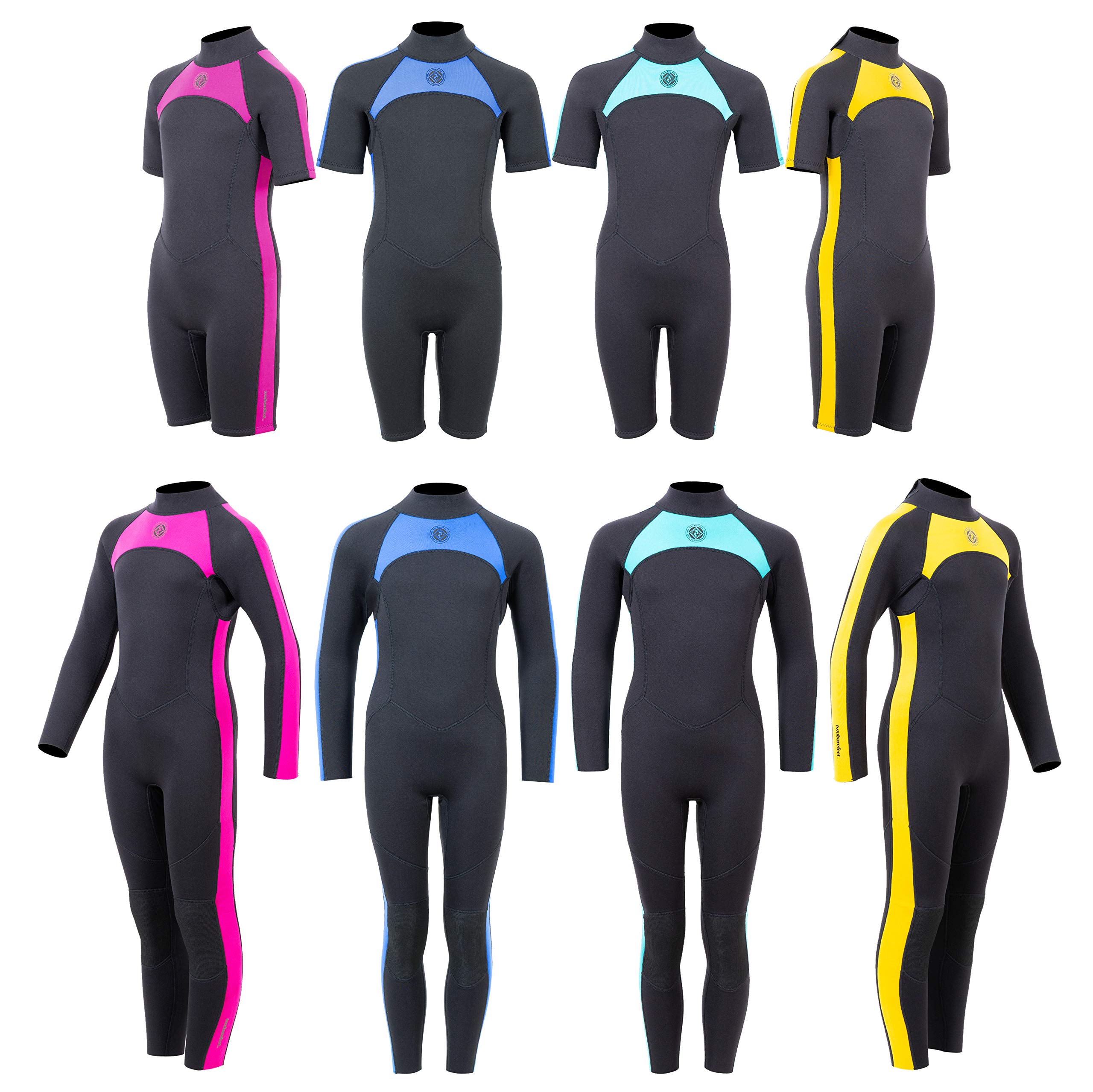 Two Bare Feet Flare 2.5mm Shorty and Full Length Kids Wetsuits - Childrens Summer Wetsuits (Full Length Black/Yellow, XL)
