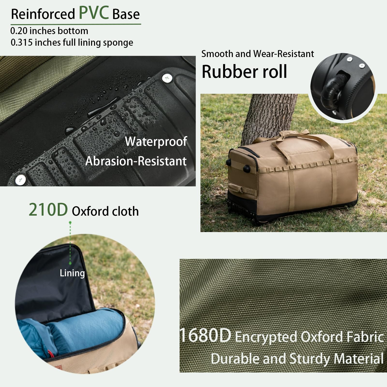 130L Borsa Da Viaggio Extra Large Con Ruote Borsone Sportiva Grande Esterni Campeggio Morbida Pieghevole Impermeabili Borsa Per Il Riporre Con Rulli Conservazione (Kaki)