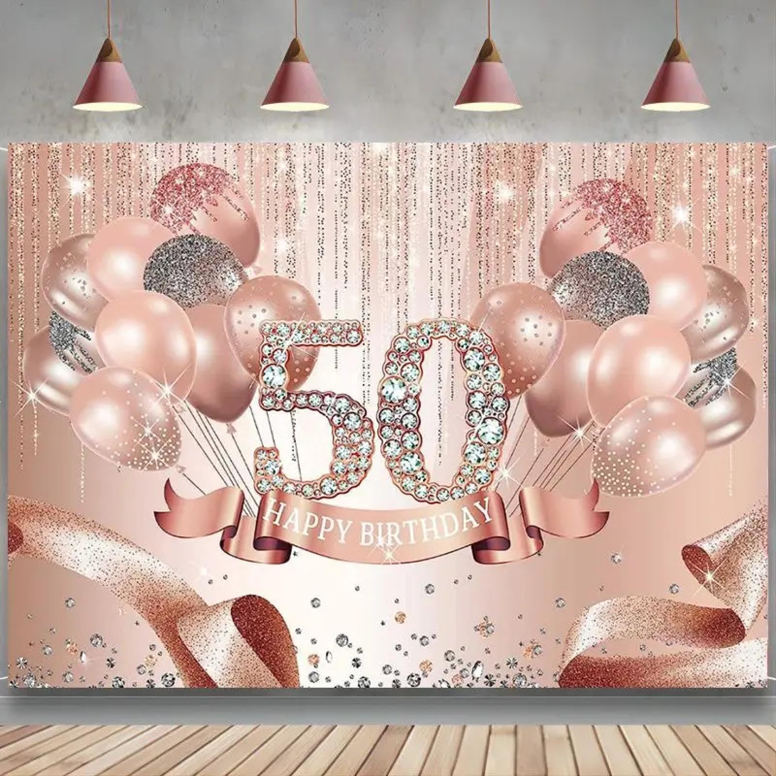 Happy 50th Birthday tło różowe złoto diamenty bajeczne tło brokatowe balony pięćdziesiąt lat kobiety impreza baner dekoracja 300 x 200 cm