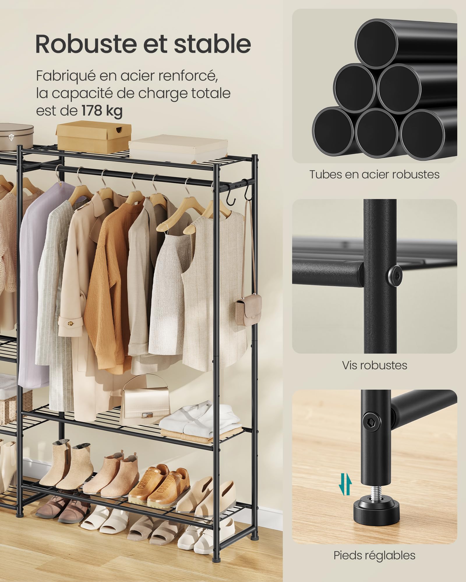 SONGMICS Portant à Vêtements, Dressing Ouvert, Portemanteau, avec 10 Étagères, 3 Tringles, 4 Crochets en S, Cadre en Métal, pour Chambre, Salon, Entrée, Noir LGR011BZ01