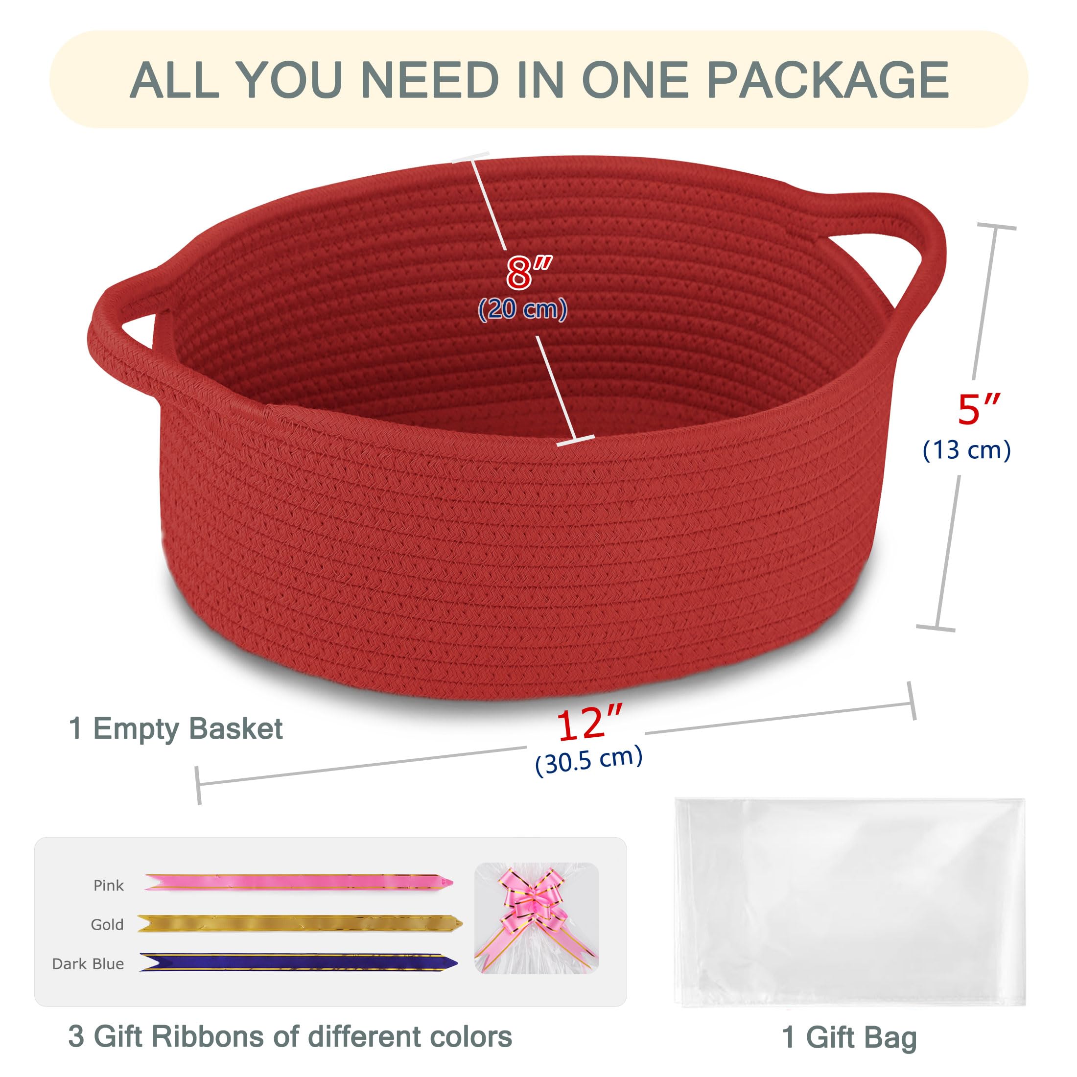 COMSE Small Woven Basket with Gift Bags and Ribbons, Gift Basket Empty, Cotton Rope Storage Organizer, Baby Toy Box with Handles, 12" x 8" x 5", Red