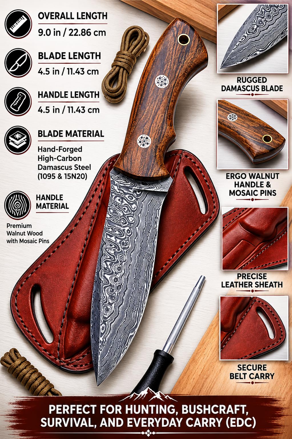 Premium Handgefertigtes Damaststahl Jagdmesser mit Walnussholzgriff – 22,86 cm Feststehendes Survival- & Bushcraft-Messer mit Echtlederscheide – Camping, Häuten, Outdoor, Taktisches Geschenk für Männe