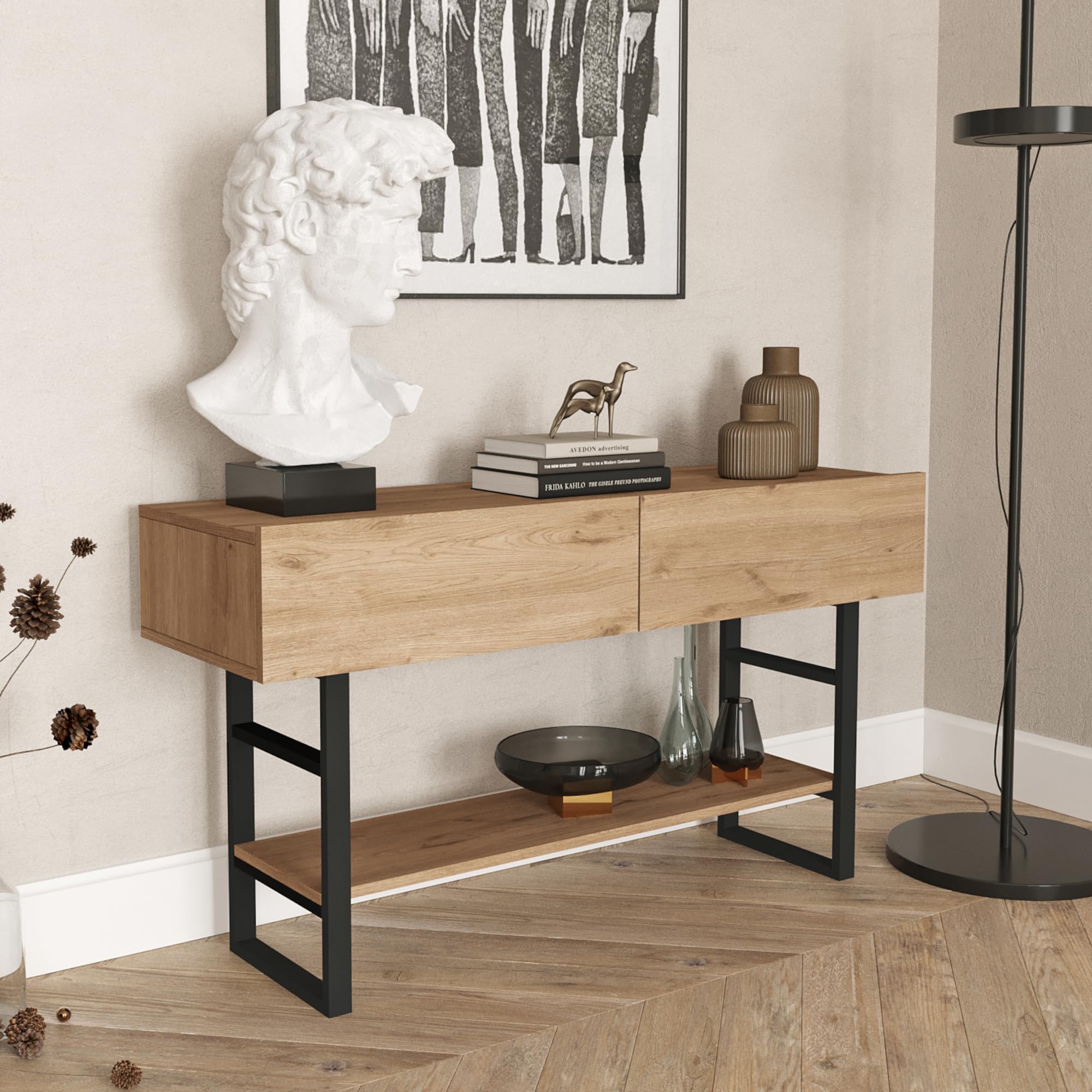 [en.casa] Tavolo Consolle Mobile Contenitore con Ripiano e Scomparti Chiusi con Ante a Ribalta Gambe in Metallo Mobile da Soggiorno Corridoio 76 x 139 x 43 cm- Effetto Rovere/Nero