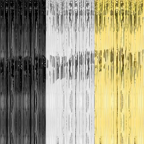 Cortina de telón de fondo de flecos de papel de aluminio de 3 x 8 pies, cortinas de flecos de papel de oropel metálico, telón de fondo de