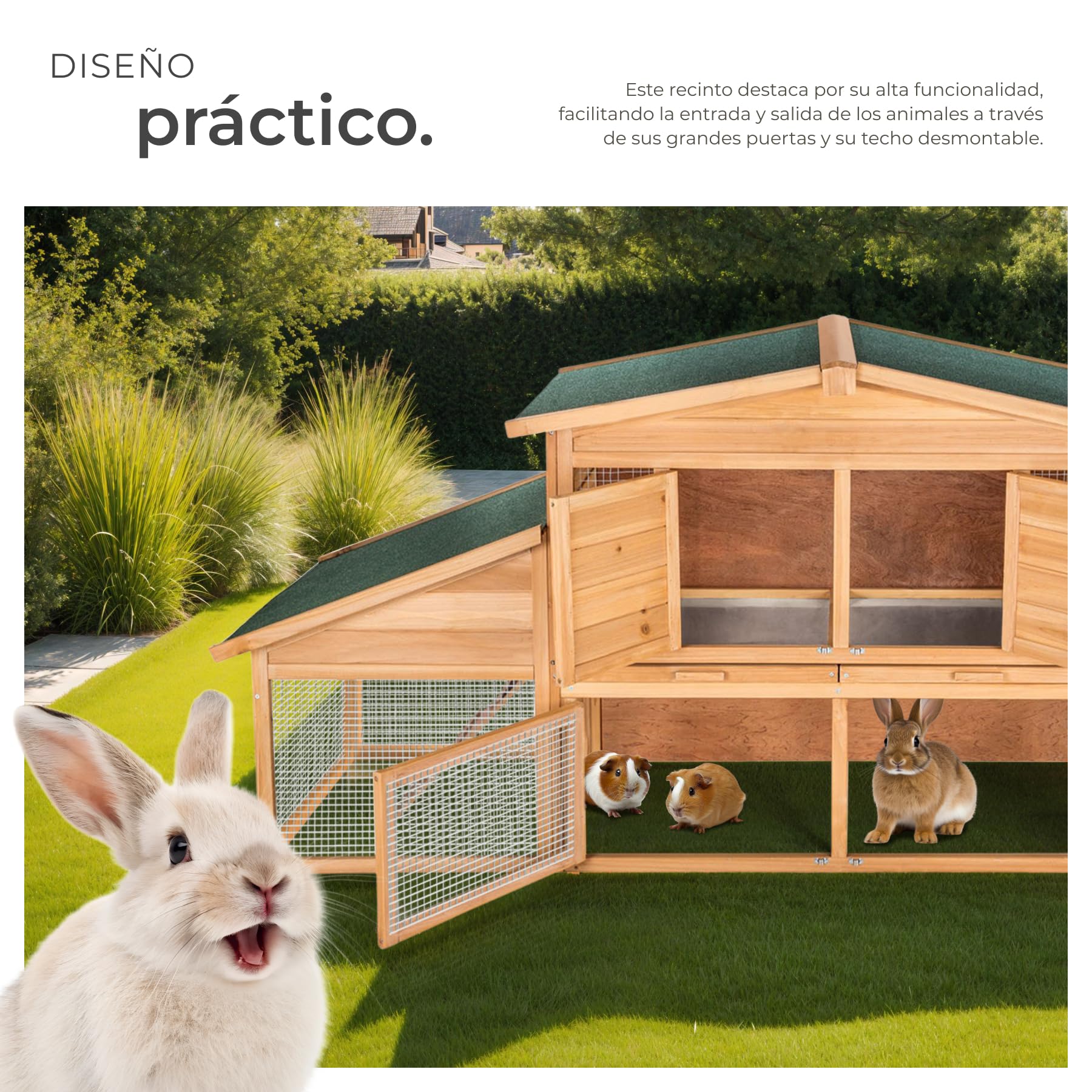 tectake® Conejera Exterior de Madera con Espacios Abiertos y Cerrados, Ideal como Casa para Conejos o Jaula Cobaya, Ideal para Tener Tus Conejos de Mascota al Aire Libre - 226 x 77 x 95,5 cm Marrón