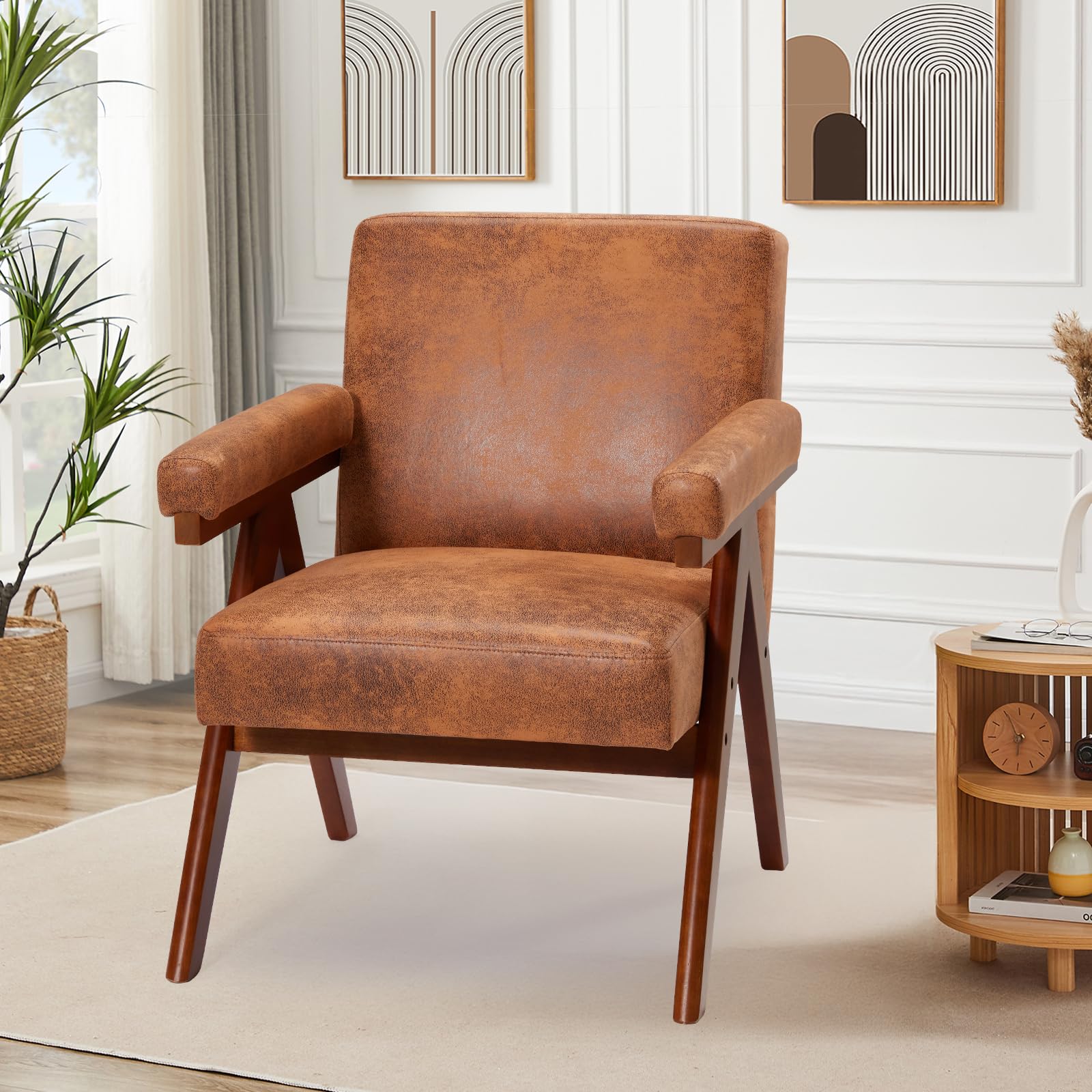 MELLCOM Mid-Century Modern Accent Leather Chair, Comfy Accent Chair with Solid Wood Frame,Upholstered Lounge Arm Chairs with Plump Cushion,Easy Assembly Reading Chair for Living Room,Bedroom,Brown