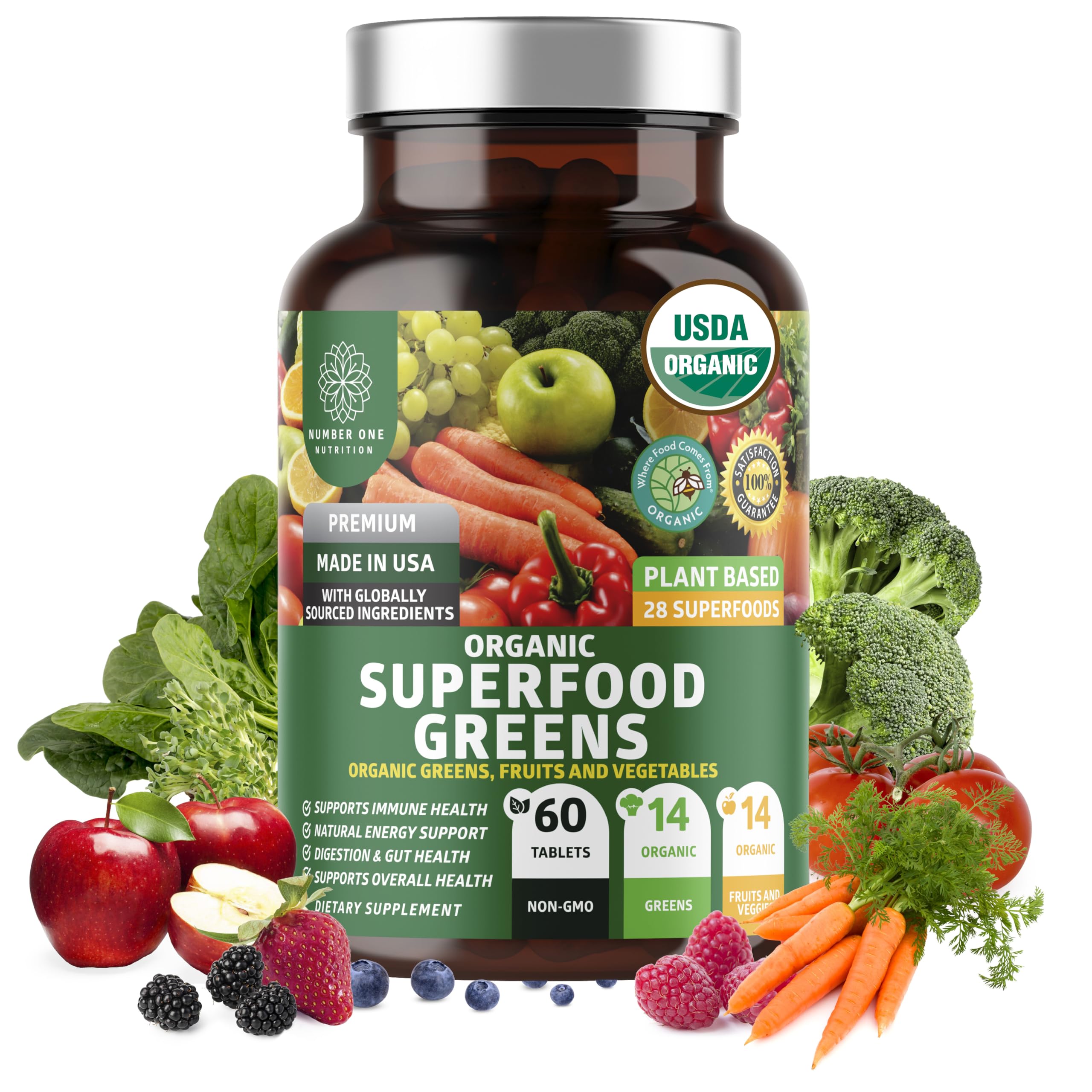 USDA Organic Superfood Greens [28 Powerful Ingredients] Natural Super Greens Capsules, Fruit and Veggie Supplement with Alfalfa, Beet Root and Ginger to Support Energy and Immunity, 60 Tablets