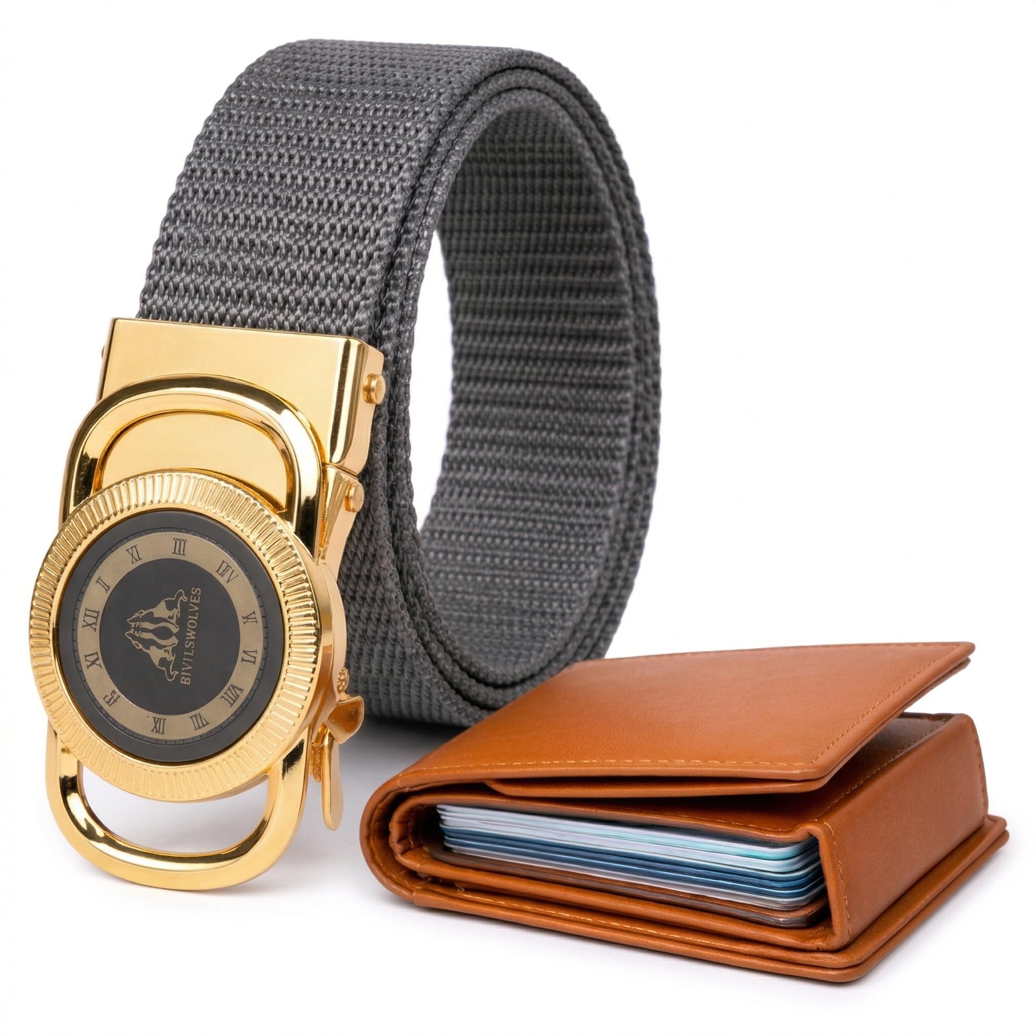 Men's Charcoal Grey Canvas Belt with Gold Rotating Buckle and Tan Wallet-image-39