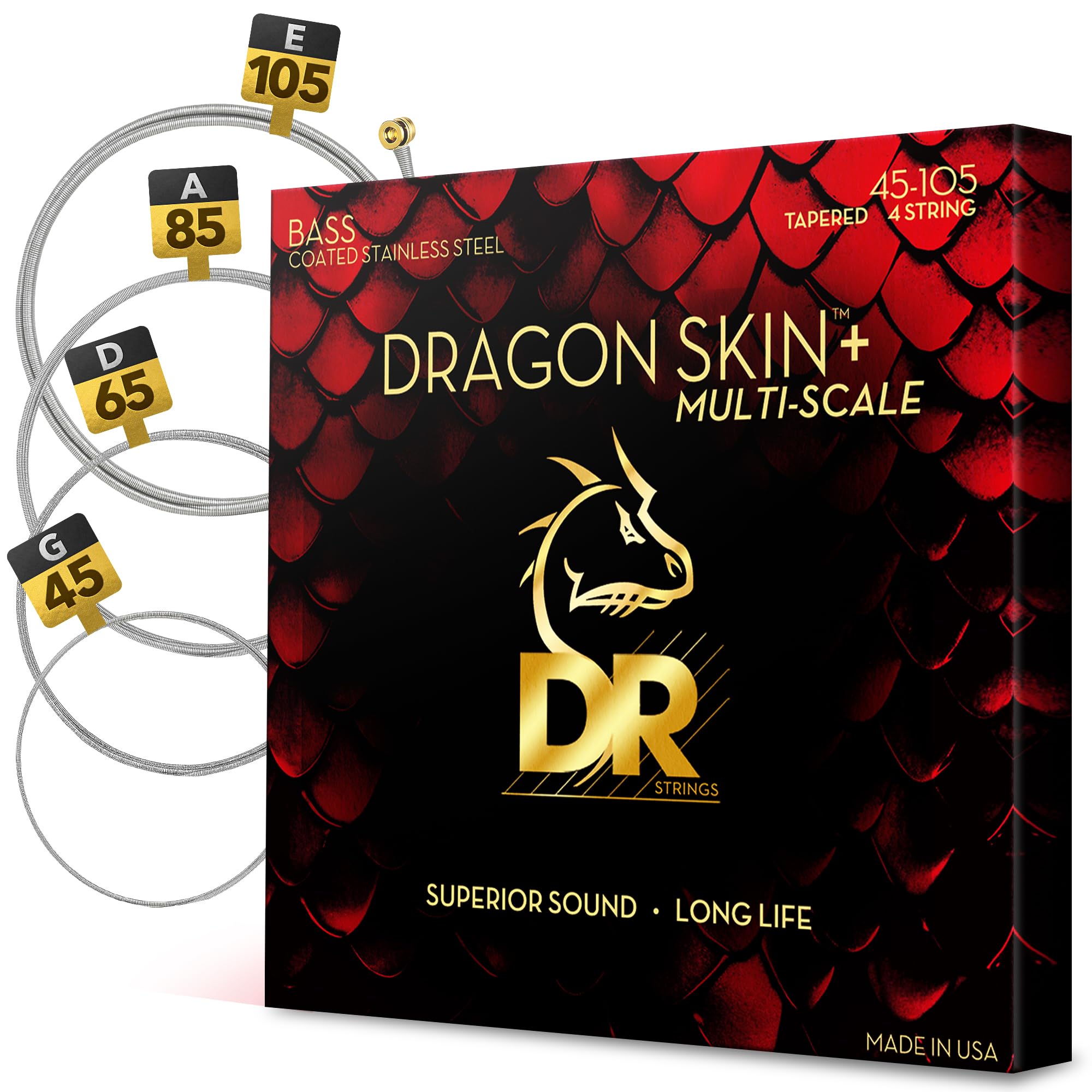 DR Strings Dragon Skin+ Series Stainless Steel Bass Strings - Steel Medium 45-105 Tap, Metallic Red, DBSM-45 Multi-Scale Medium 45-105