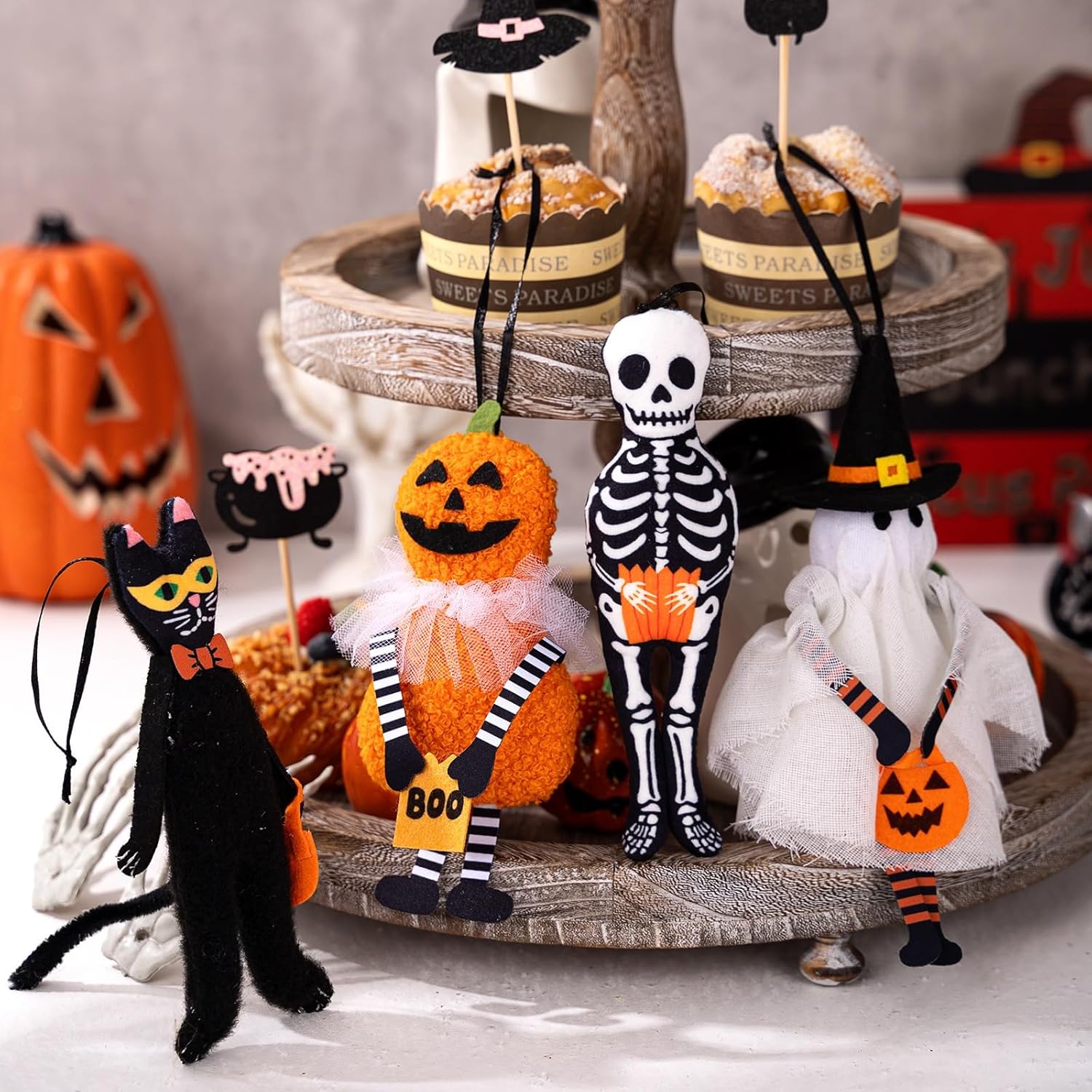 Set of 4 Halloween Tree Ornaments Black Cat Pumpkin Skeleton Ghost Hanging Decorations for Holiday Party Home Christmas Tree Decor - Image 2