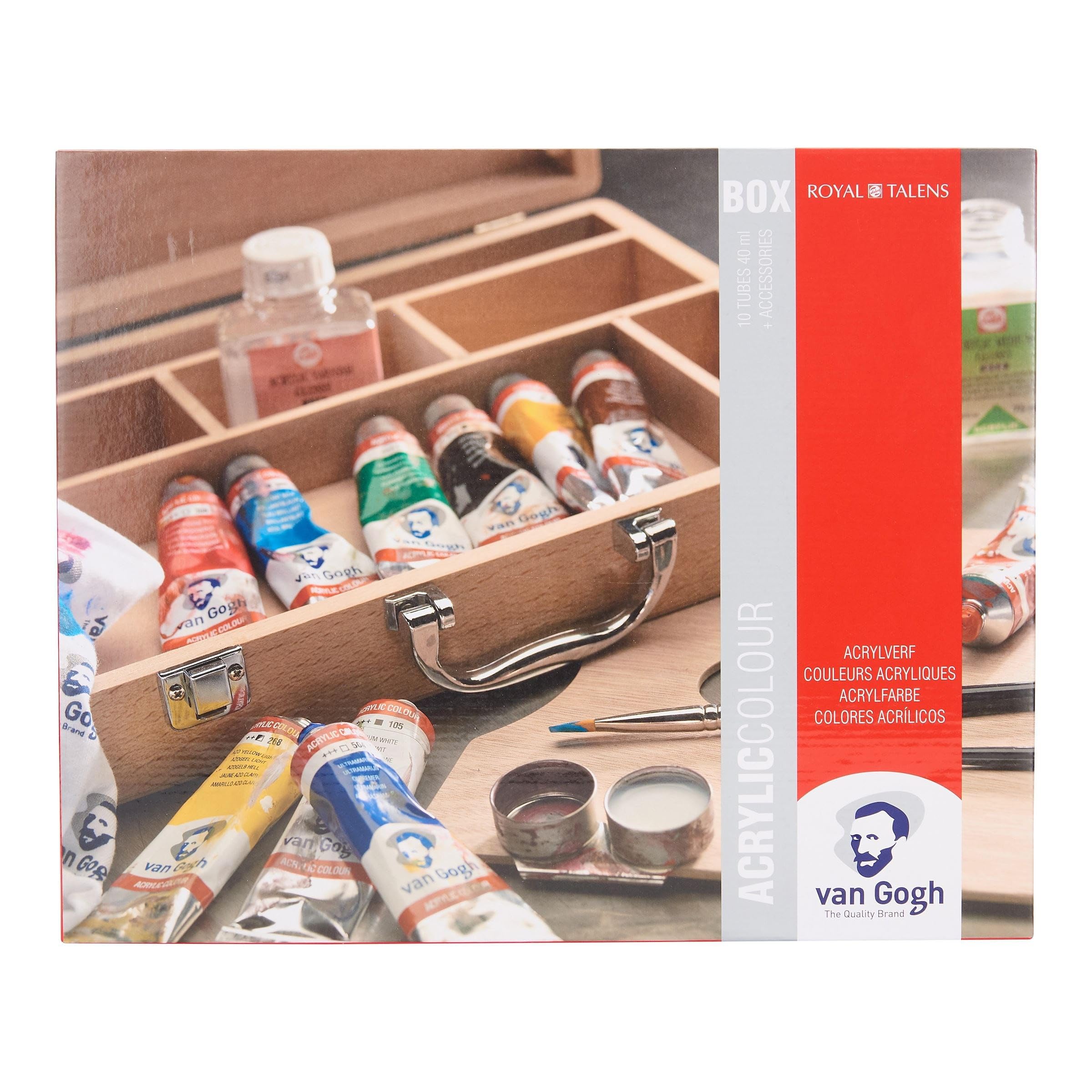 CAJA ACRILICO VAN GOGH BASICA - Set de pinturas acrílicas en una caja de madera básica con 10 colores en tubos de 40 ml + accesorios