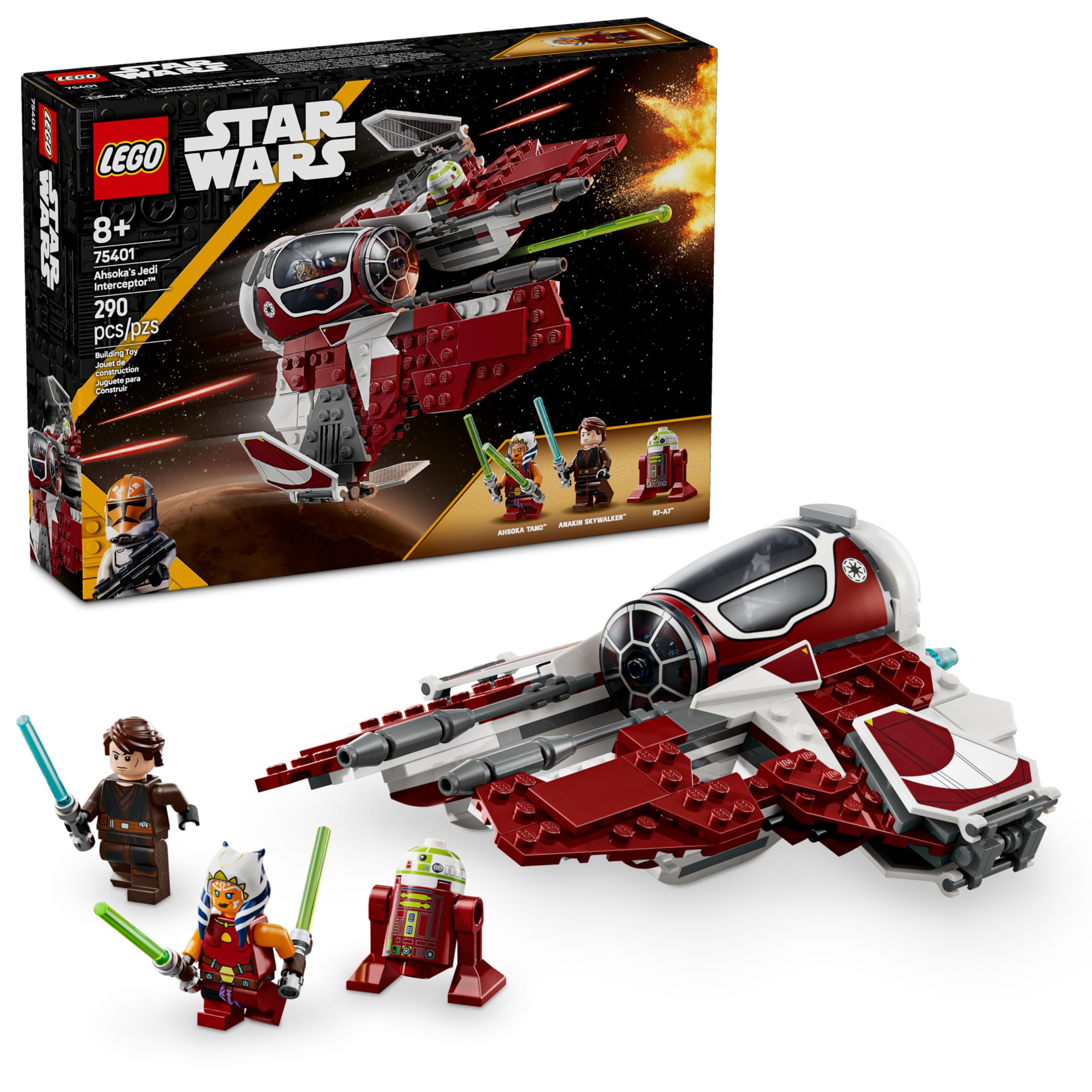 LEGO® Star Wars: La Guerra de los Clones Interceptor Jedi de Ahsoka Juguete para Construir un Caza, Juego con Nave Espacial y 3 Personajes, Regalo para niños de 8 años o más 75401
