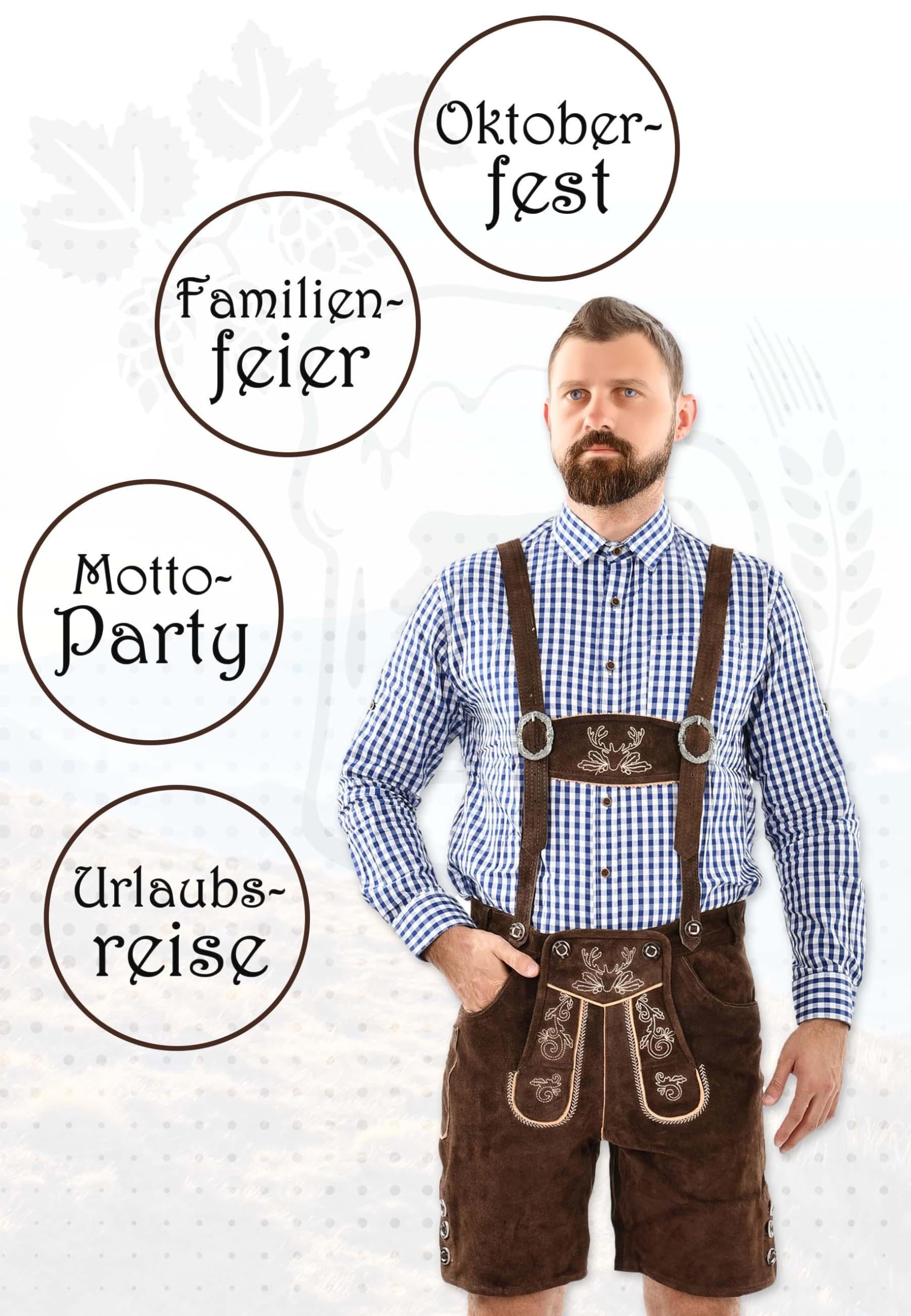 ALESSANDRO SALVARINI Herren Lederhose Tracht (Gr. 46-60) mit Träger - 100% Echtleder, Trachtenlederhose Kurz Oktoberfest Männer - AS-180