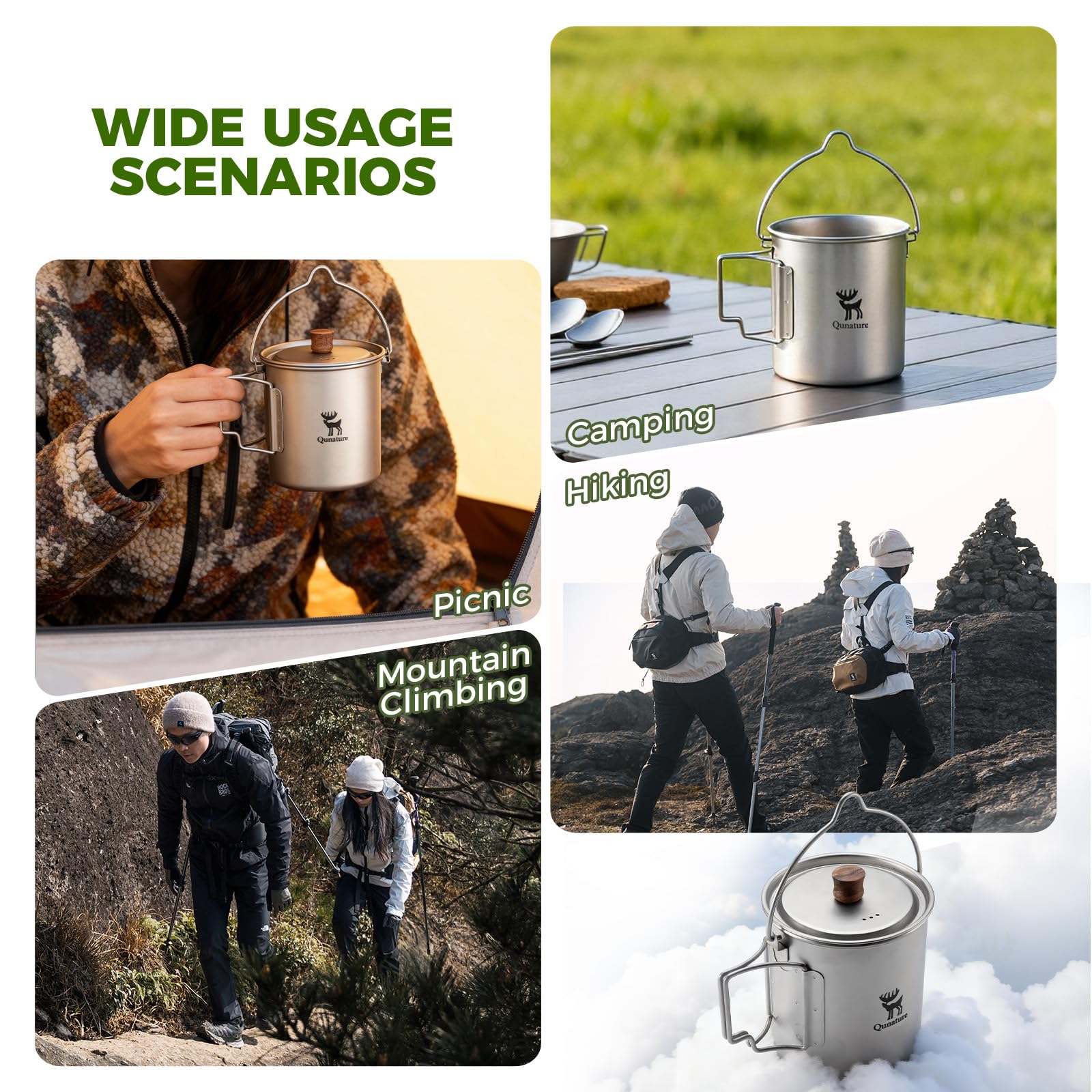Kubek Tytanowy 750 ml z Pokrywką i Składanymi Uchwytami, Lekki Kubek Turystyczny do Gotowania i Picia, na Camping, Trekking, Bikepacking, z Pierścieniem do Zawieszania i Pokrowcem, 135 g
