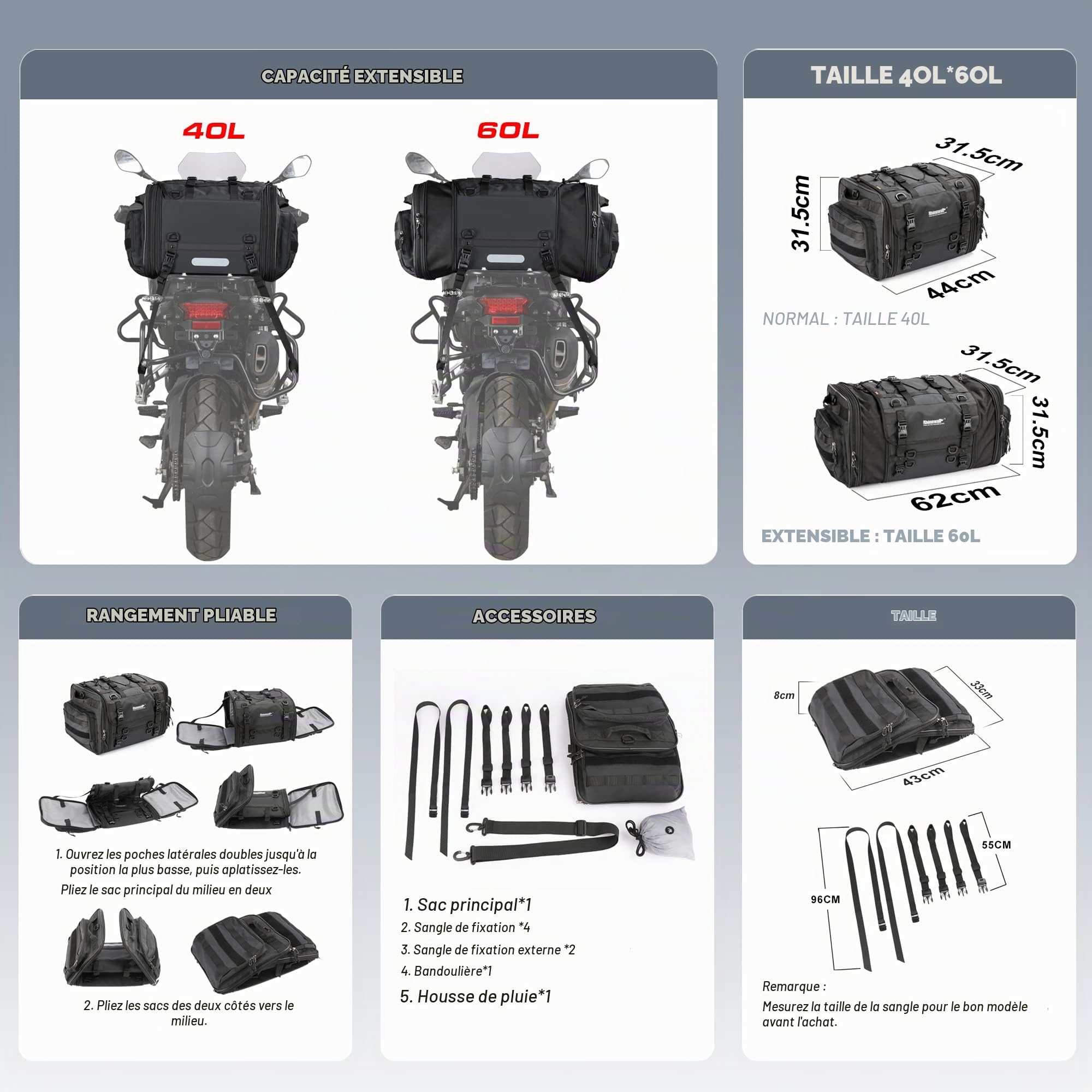 Rhinowalk Sacoche arrière de moto, grande sacoche de selle étanche extensible pour les randonnées à moto, sac de voyage Powersports résistant, noir (40 L ~ 60 l)