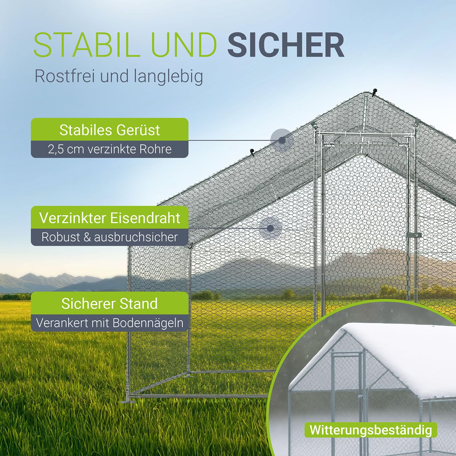 Juskys Freilaufgehege 3x2x2m - Hühnerstall aus Metall begehbar mit 6 m² Lauffläche, Tür & Riegel - Freigehege für Hühner, Kleintiere & Pflanzen