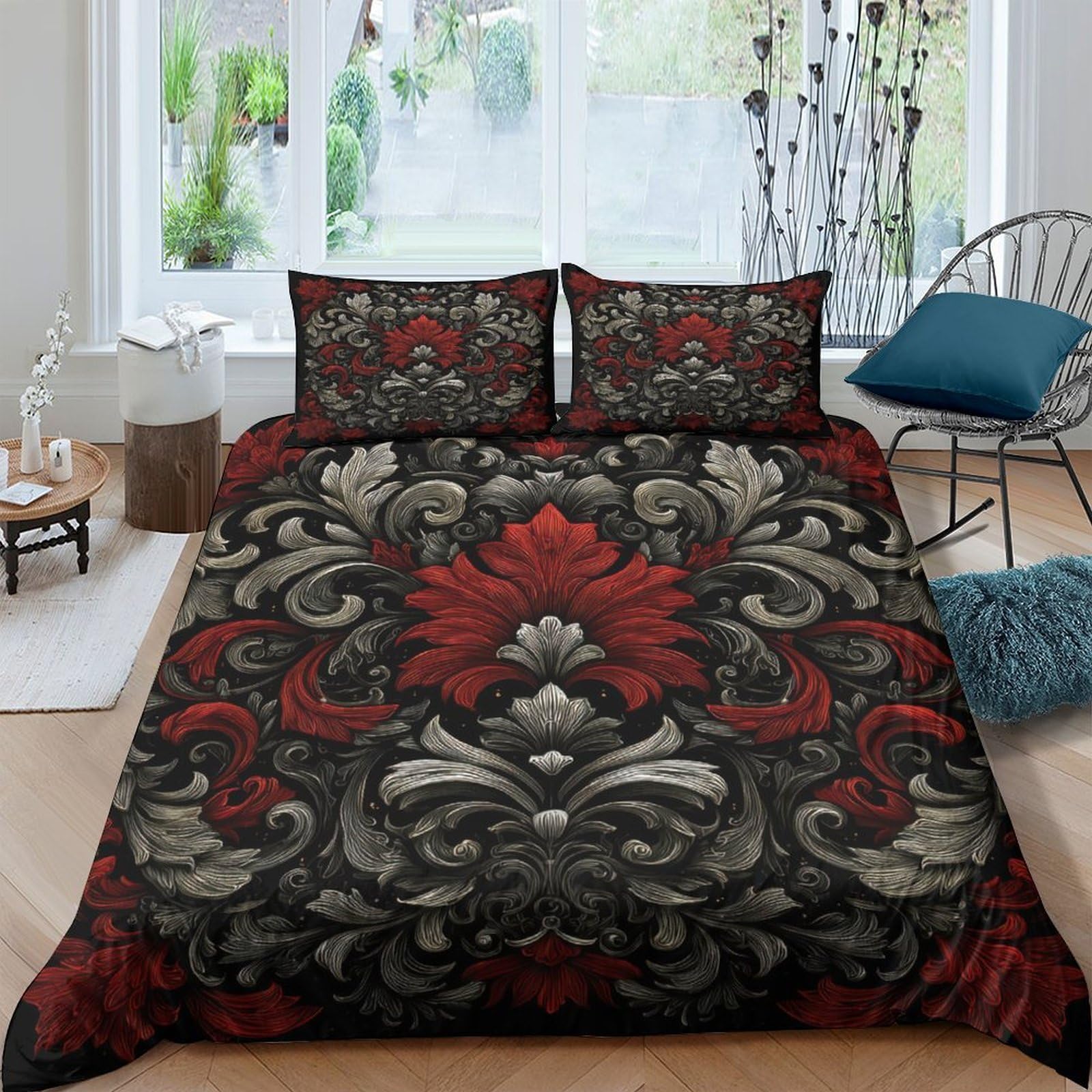 Ctjqhvkz Style-6 3D Printed Baroque Floral Fitted Sheet Microfiber Red Black Vintage Mattress Cover Bedroom Home Decor Single（135X200cm）