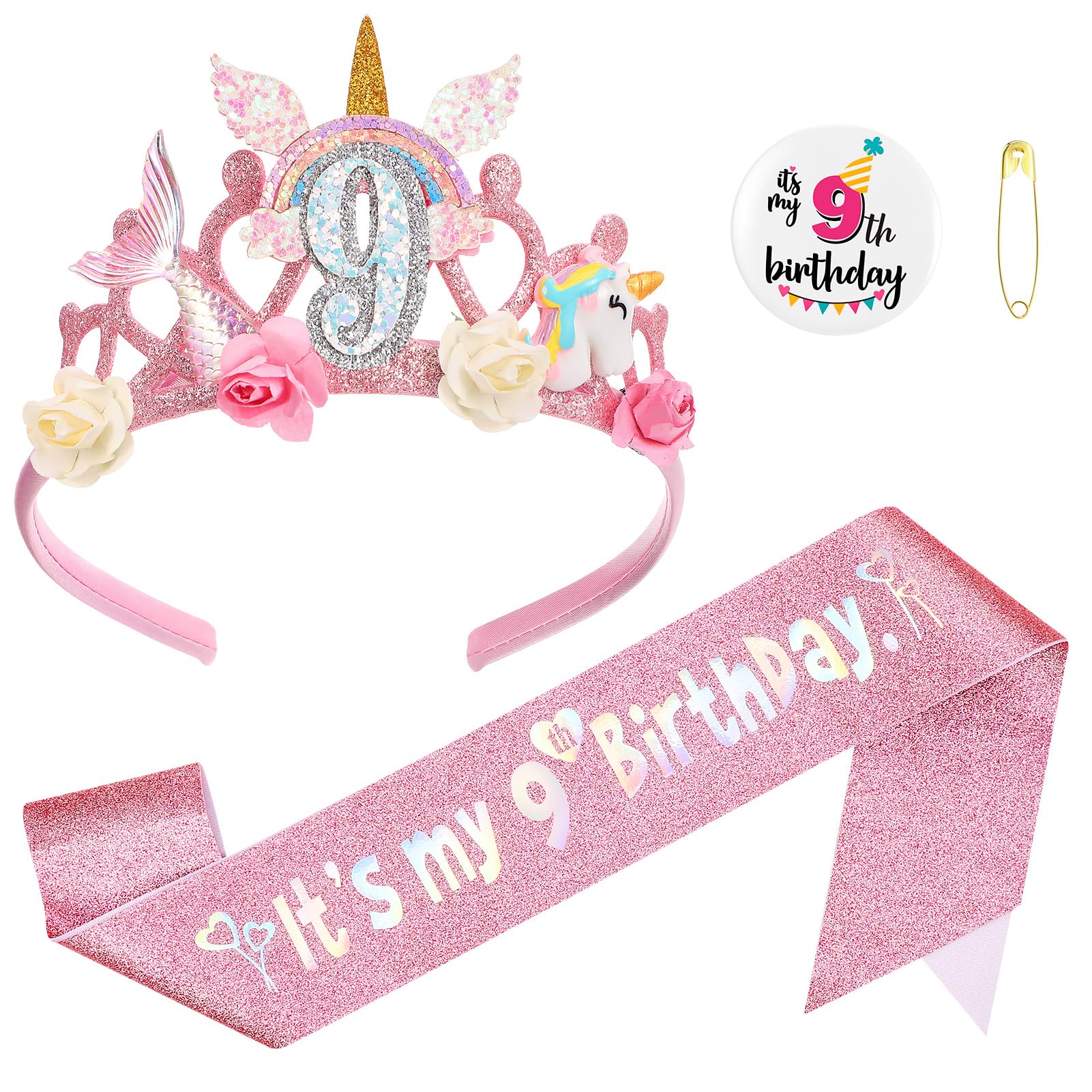 GSrenyu 9th Birthday Decorations for Girls,Headband Glitter Sash and Badge Set for 9 Year Old Girls Birthday Decorations,Flower Princess Crown Headband
