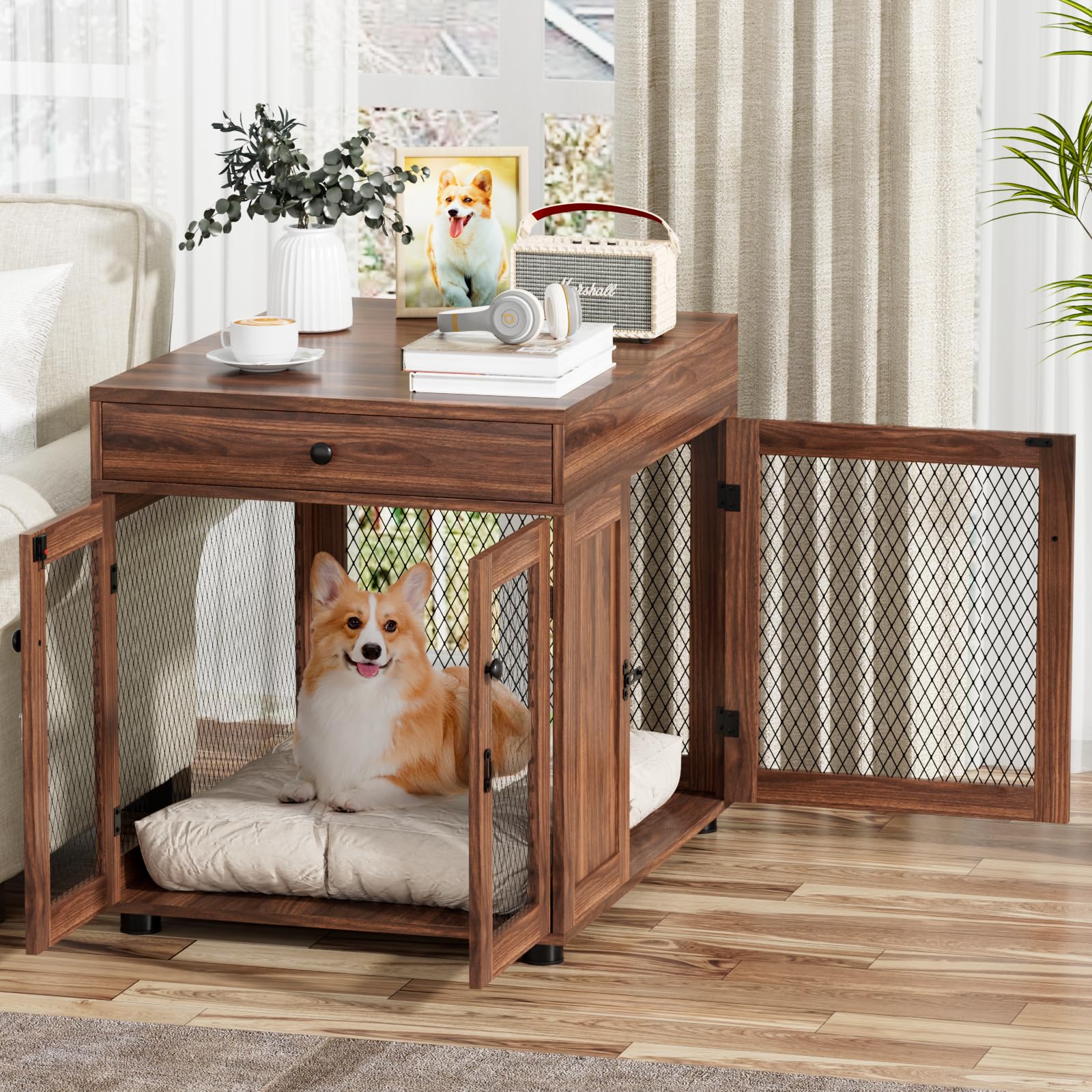 VOWNER Mobili per Cuccia per Cani, Gabbia in Legno a 3 Ante con Cassetto, Cuccia Moderna con Tavolino, 60 x 80 x 69 cm, per Cani di Piccola/Media Fno a 30 kg, Marrone Noce