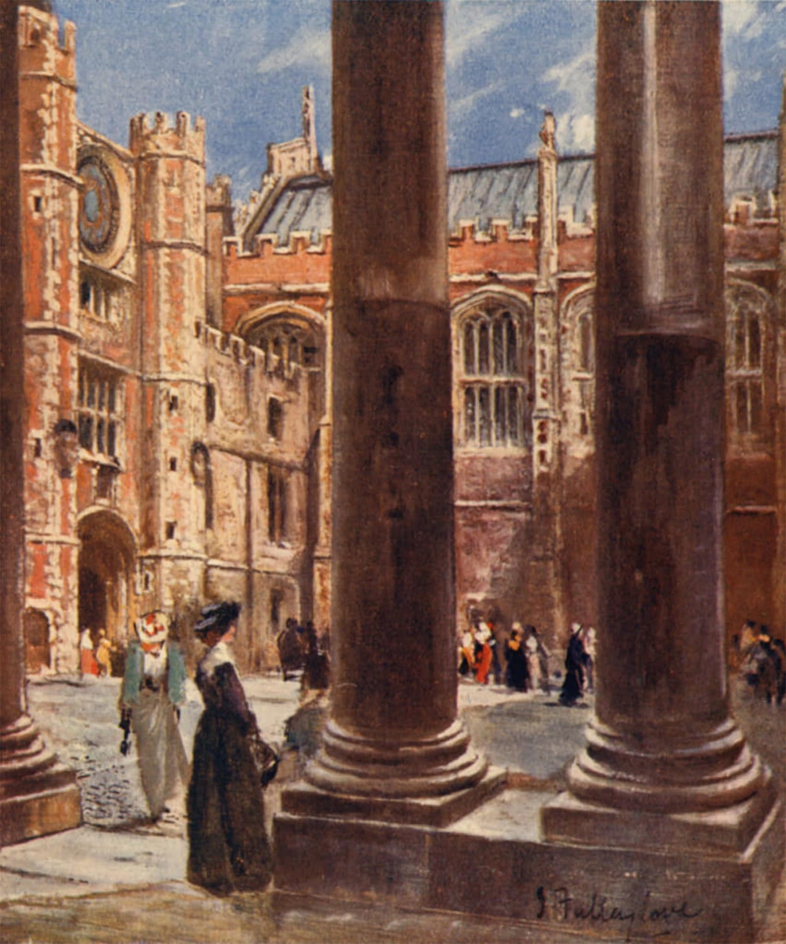 POSTERIIk Vintage Classic Picture Landscape Artwork Clock Court Hampton Court by Fulleylove Portrait Canvas Painting for Office Home Decor 60x90cm