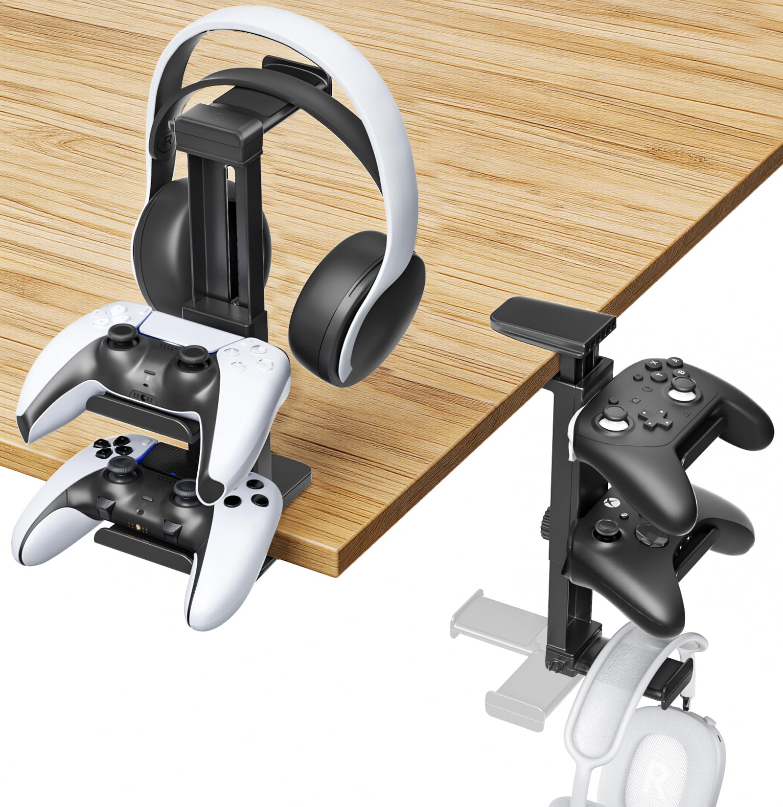 Kosker Porta Cuffie e Joystick da Scrivania con Altezza Regolabile, Supporto Controller da Sopra e Sotto il Tavolo per PS5/Xbox/Switch, Support Accessori Scrivania con Rotazione a 360°