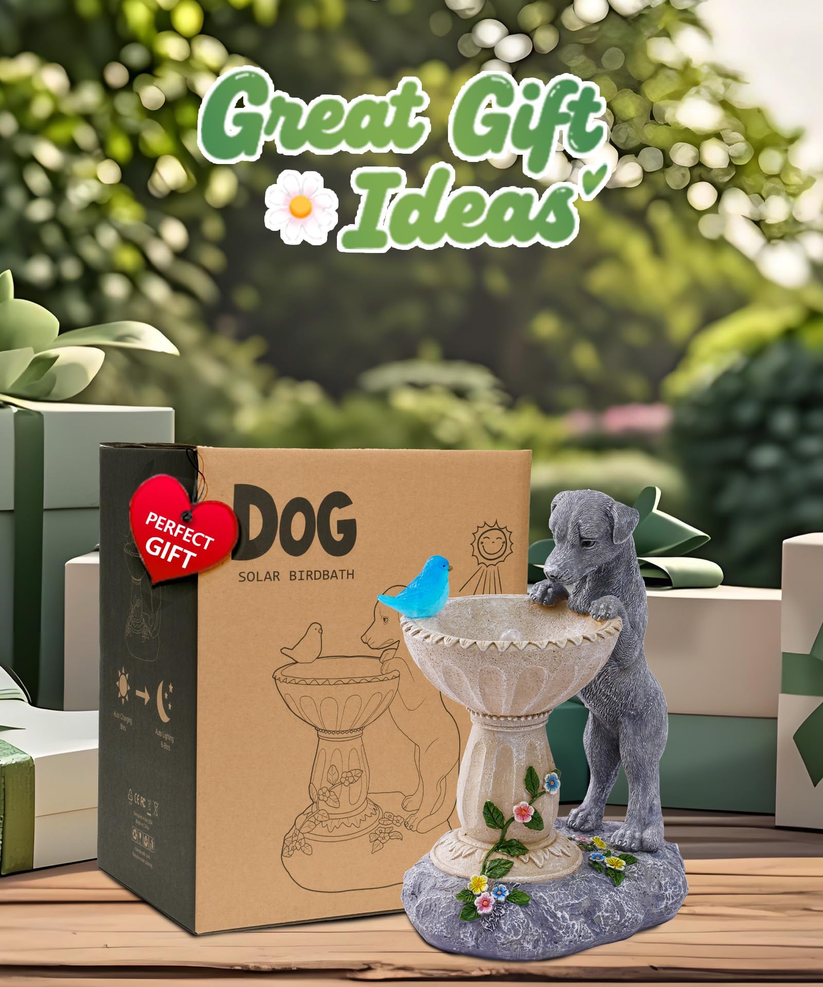 Solar Hund Figuren mit Solar Vogelleuchten Deko für Außen：Lustige Hunde Gartendeko Hundebesitzer Geschenk für Frauen Mama - Wasserdicht Deko für Garten Balkon Terrasse