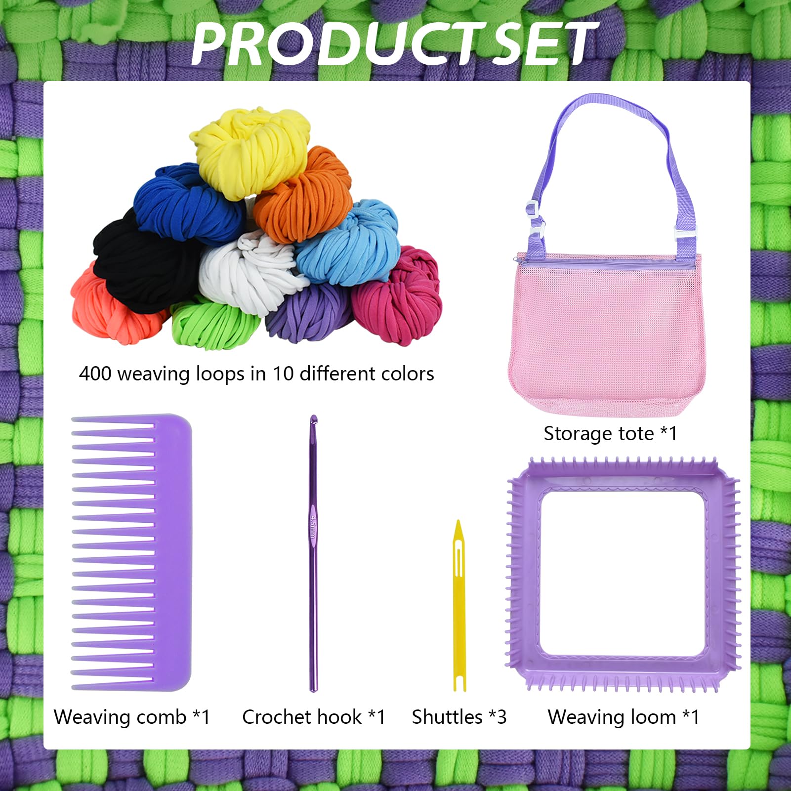 Artcome Kit di telaio per tessitura con 400 passanti di 10 colori, uncinetto in metallo, navetta, pettine per tessitura, borsa a mano, kit per presine, per ragazze e adulti (viola)
