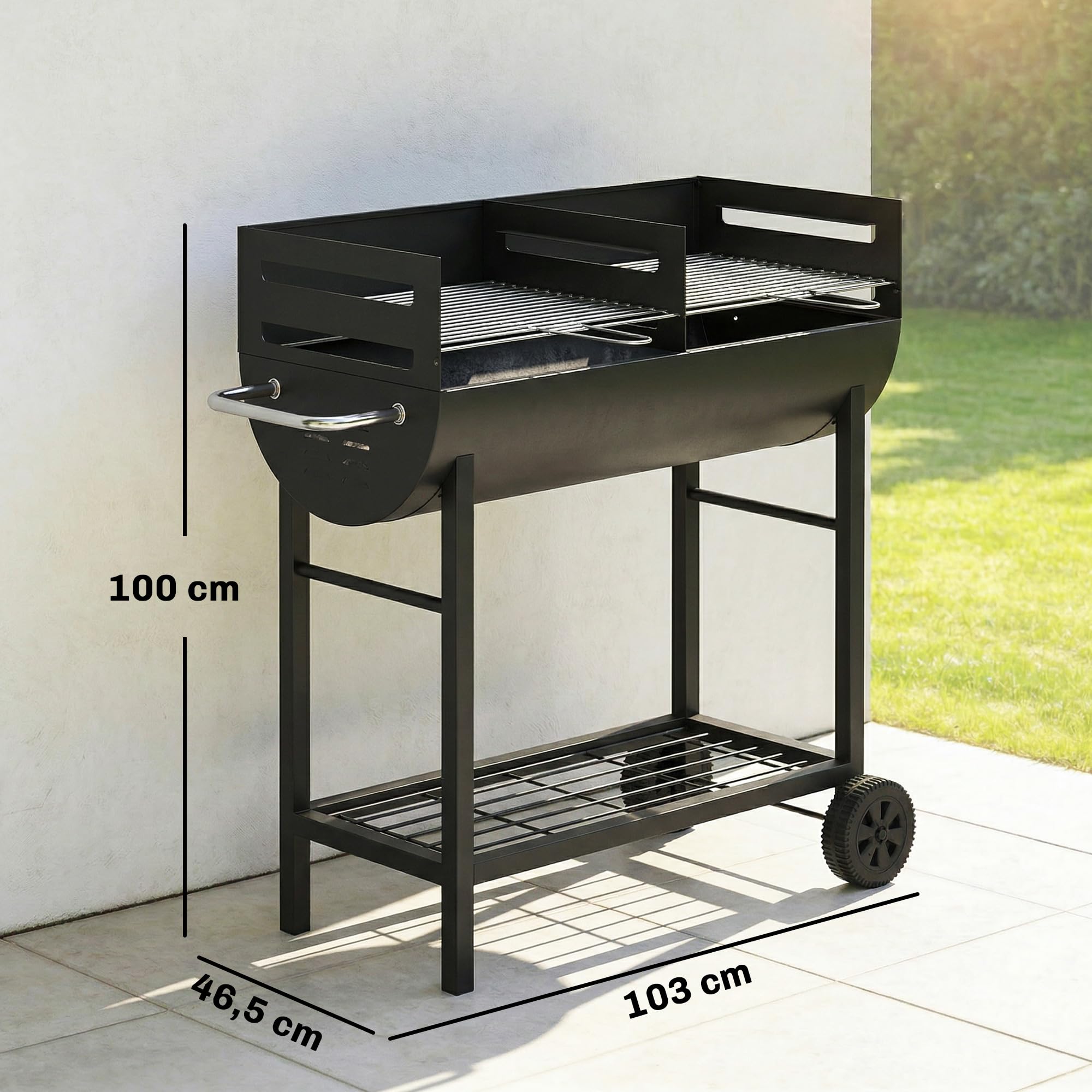 Outsunny Holzkohlegrill Grillwagen mit 2 Grillzonen höhenverstellbarer Grillrost Holzablage Räder Seitengriff, fahrbar Holzkohle Grill für Terrasse Picknick Party 103 x 46,5 x 100 cm Schwarz
