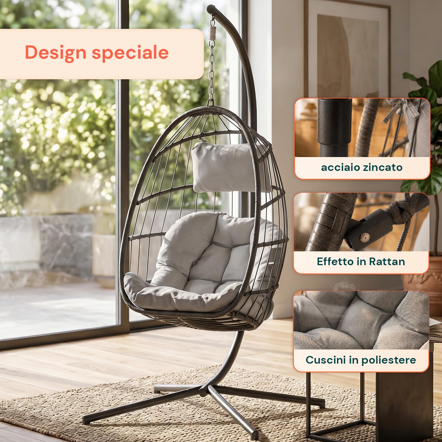 Poltrona Sospesa da Giardino a Uovo Pieghevole – Rattan Sintetico, Acciaio Zincato 192 cm, 160 kg | Sedia a Dondolo Sospesa con Cuscini Antracite, Interno ed Esterno, 75×10×103,5 cm chiusa