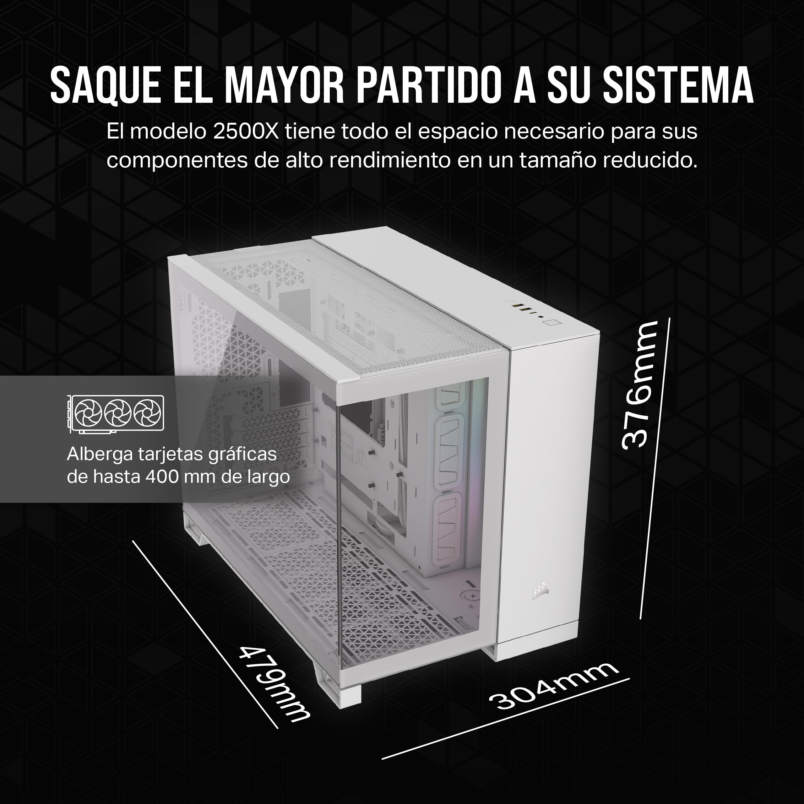 CORSAIR iCUE LINK 2500X RGB Pequeña-Torre mATX Caja de PC de Doble Cámara - Cristal Templado Panorámico - Compatible Placa Base Conexión Inversa - 2x Ventiladores CORSAIR RX120 RGB Incluidos - Blanco