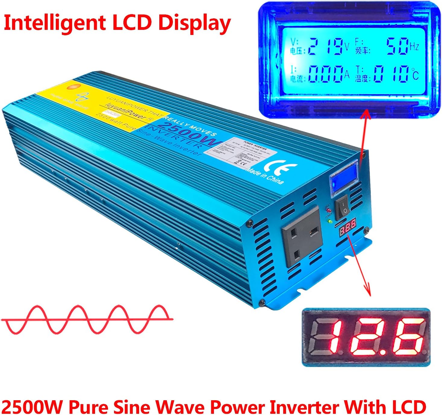 luyuanIPower CAR CARAVAN CAMPING BOAT 2500W /5000W (Peak) Pure Sine Wave Power Inverter Soft Start 12V DC to 230V AC convertor with LCD DISPLAY