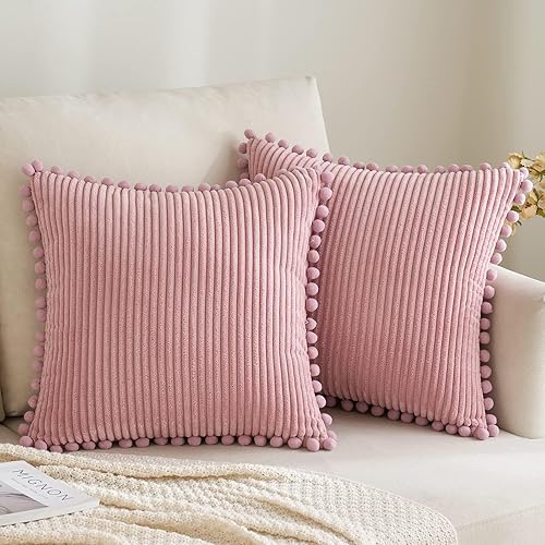 MIULEE Fundas de almohada decorativas bohemias con pompones, fundas de cojín cuadradas de pana suave para sofá, dormitorio, 20 x 20 pulgadas, color