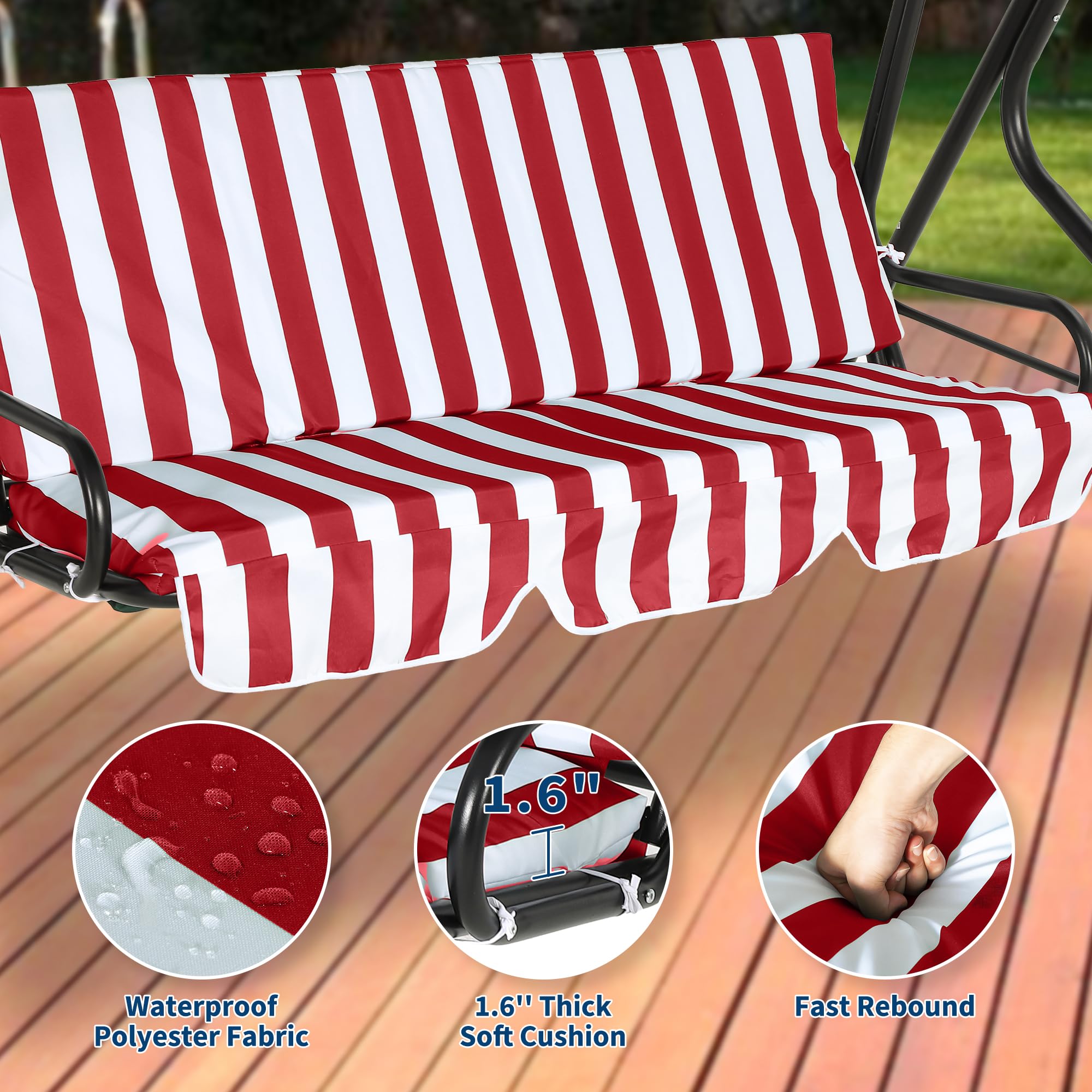 Garvee 3-Sitzer Garten Hollywoodschaukel – Verstellbares Sonnendach, wetterfest & UV-beständig, robuste Stahlkonstruktion, Dicke abnehmbare Kissen, rutschfeste Füße, Outdoor Schaukelstuhl – Rot-Weiß