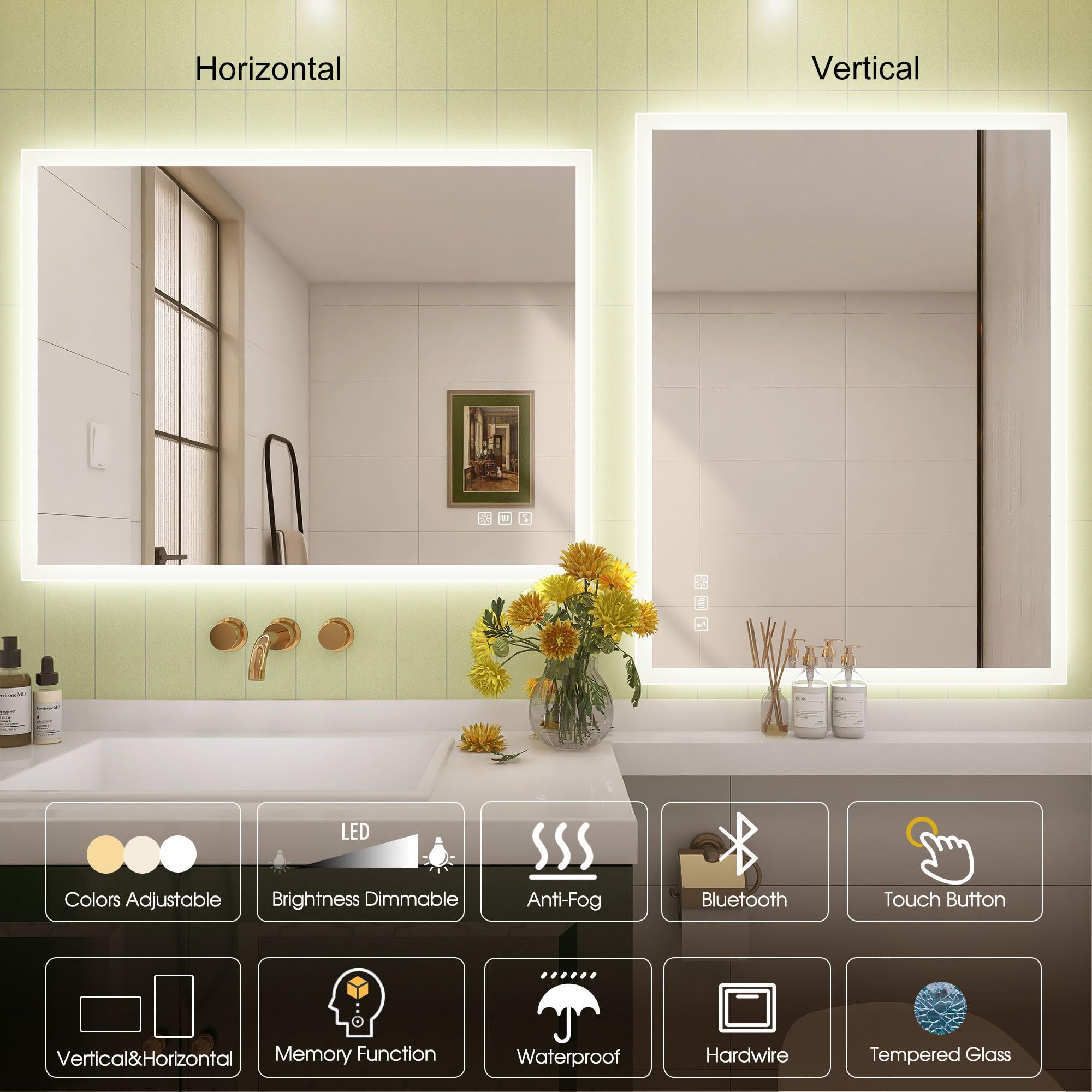 STARLEAD 100x70 cm lustro z oświetleniem LED i Bluetooth, przeciwmgielne, lustro LED z możliwością przyciemniania, 3 kolory światła, pamięć, IP44, szkło hartowane, poziome/pionowe