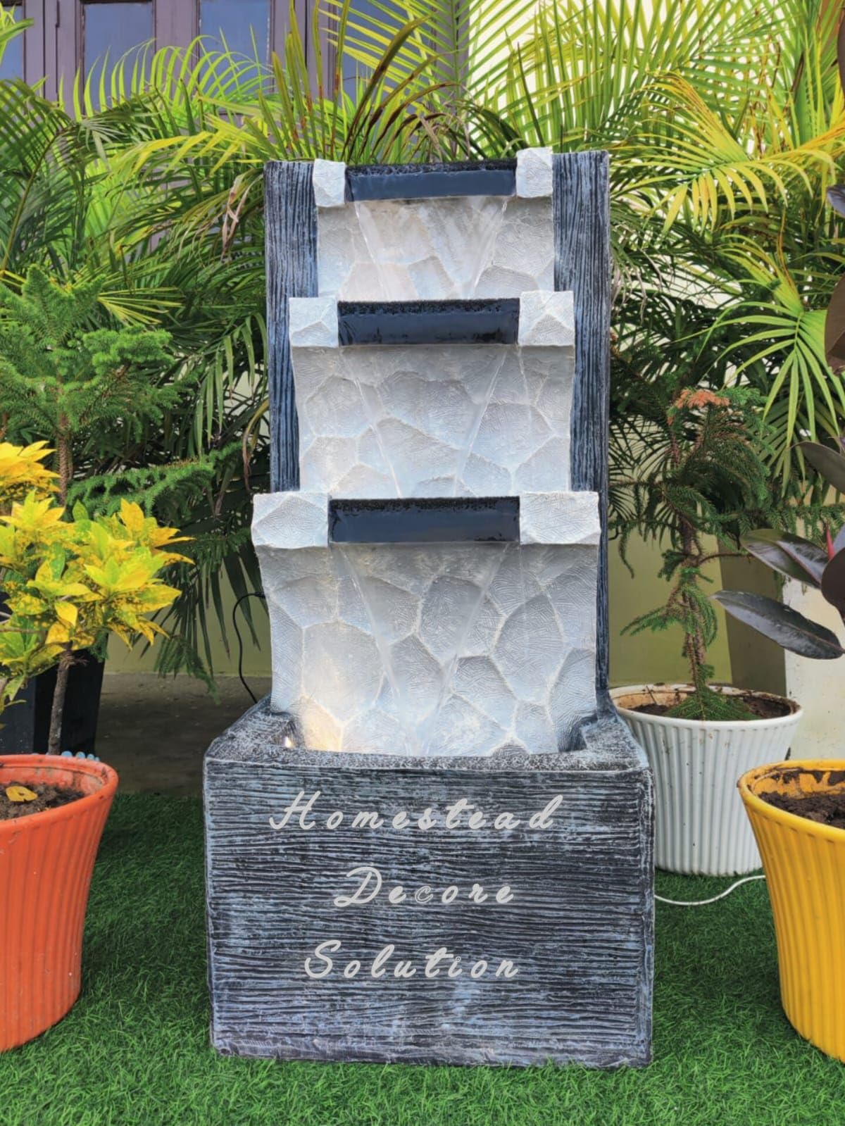 Homestead Decore Solution 3-Tier Stone Textured Water Fountain with LED Light 3.5 feet Home Decor Living Room Garden Office, Indoor/Outdoor Decorative Waterfall, Grey and White Fiber-image-25