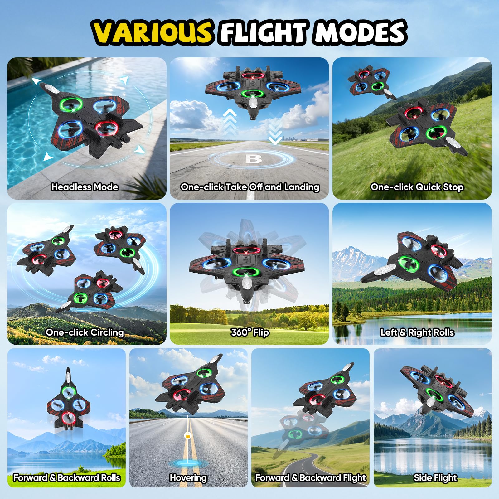 Avion Télécommandé, Double Contrôle (Télécommande & Commande au Poignet), RC Avion 360° Rotation, 3 Vitesses, avec Lumière LED et Hélice de Rechange, Avion Extérieur pour Enfants (Rouge)