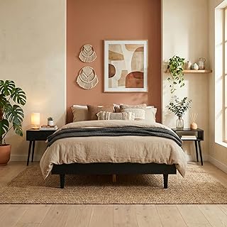 NTC Fly Wooden Bed Frame Without Headboard, Solid Oak and Rubber Wood Foundation with Silent Slats and Wood Central Supports, 1000 Lb Capacity, Effortless Assembly, King - Burnt Black