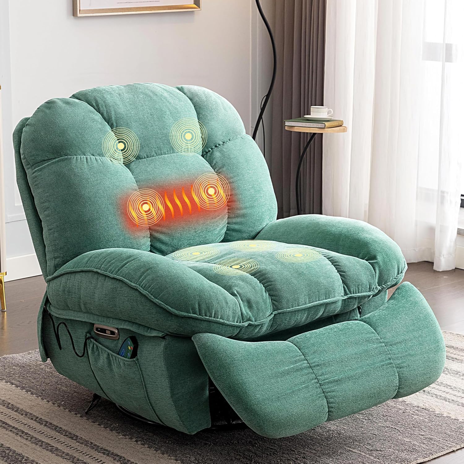 Sillón Relax Reclinable Eléctrico con Calefacción, Puertos de Carga USB-A y USB-C para Dormitorio, Salón, Estudio (Verde)