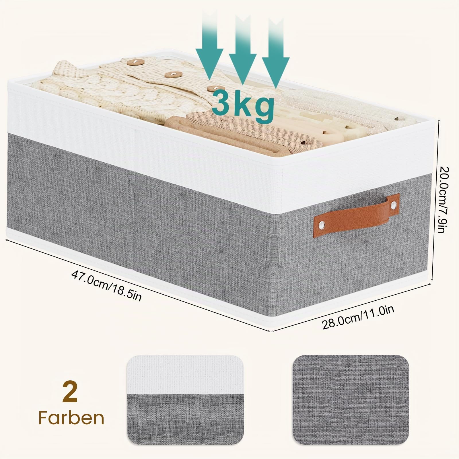 4 Stück Aufbewahrungsbox, Weiß/Grau Stoffboxen, 47×28×20cm | Aufbewahrungskorb Stoff, Aufbewahrungsboxen, Faltboxen, Kleiderschrank Organizer, für Kleidung, Kleiderbox